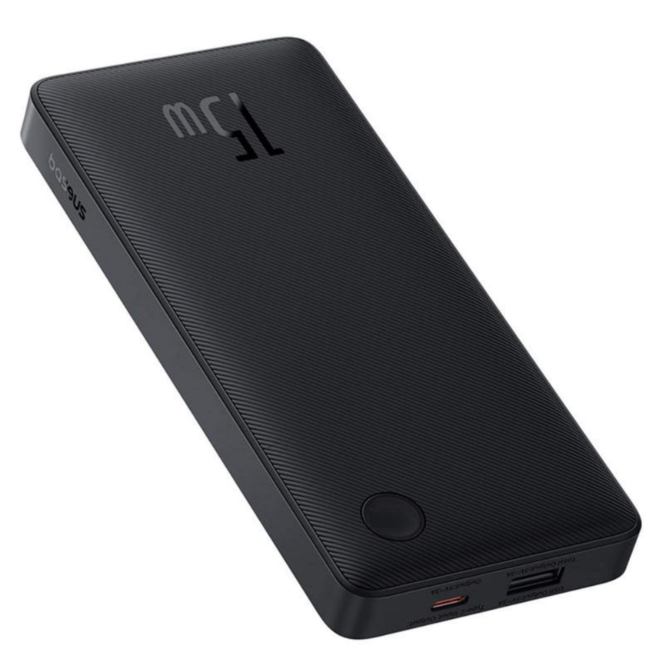 Power bank nera con texture a coste e logo "Baseus". "75W" è visibile.
