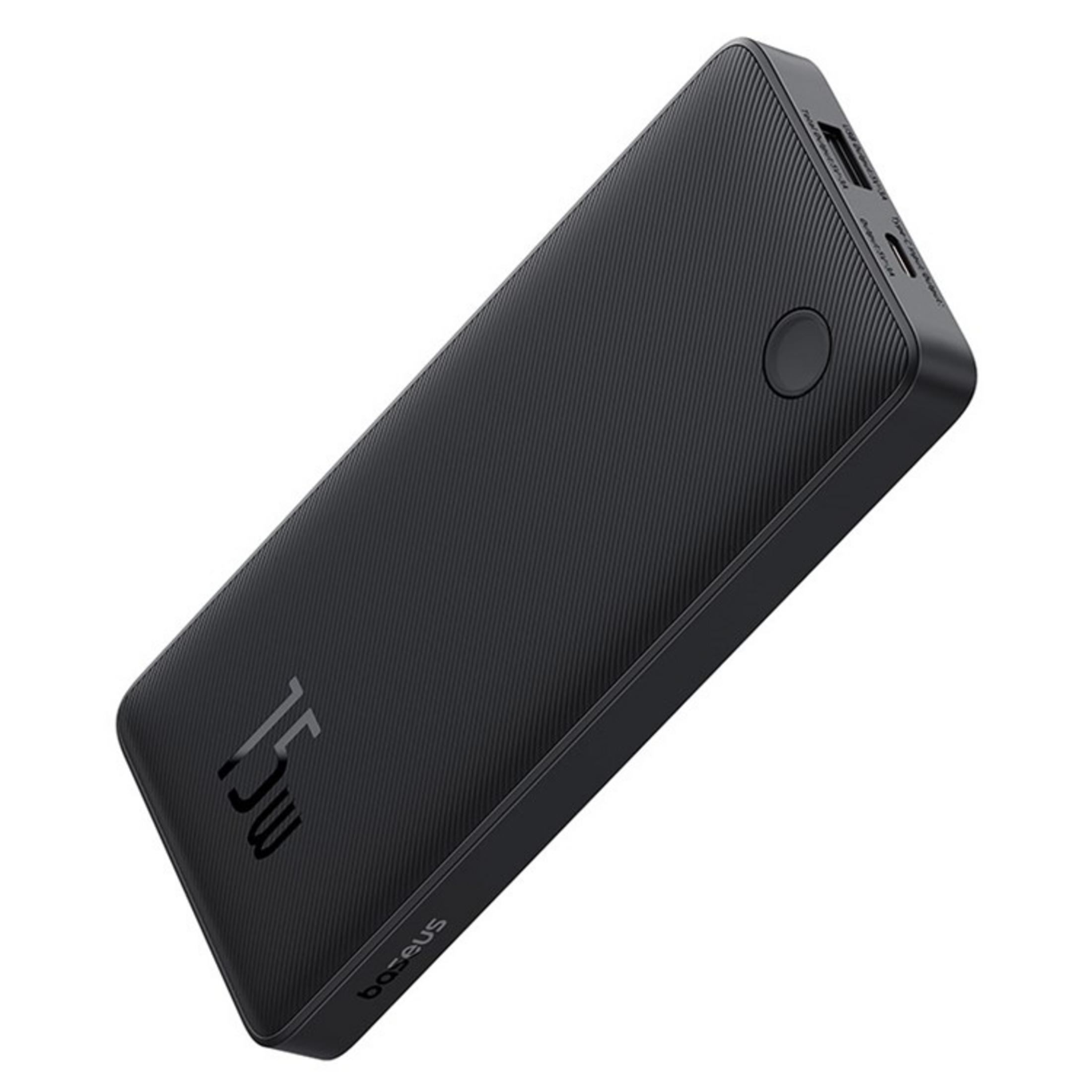 Power bank nera con texture a coste e stampa 75W.