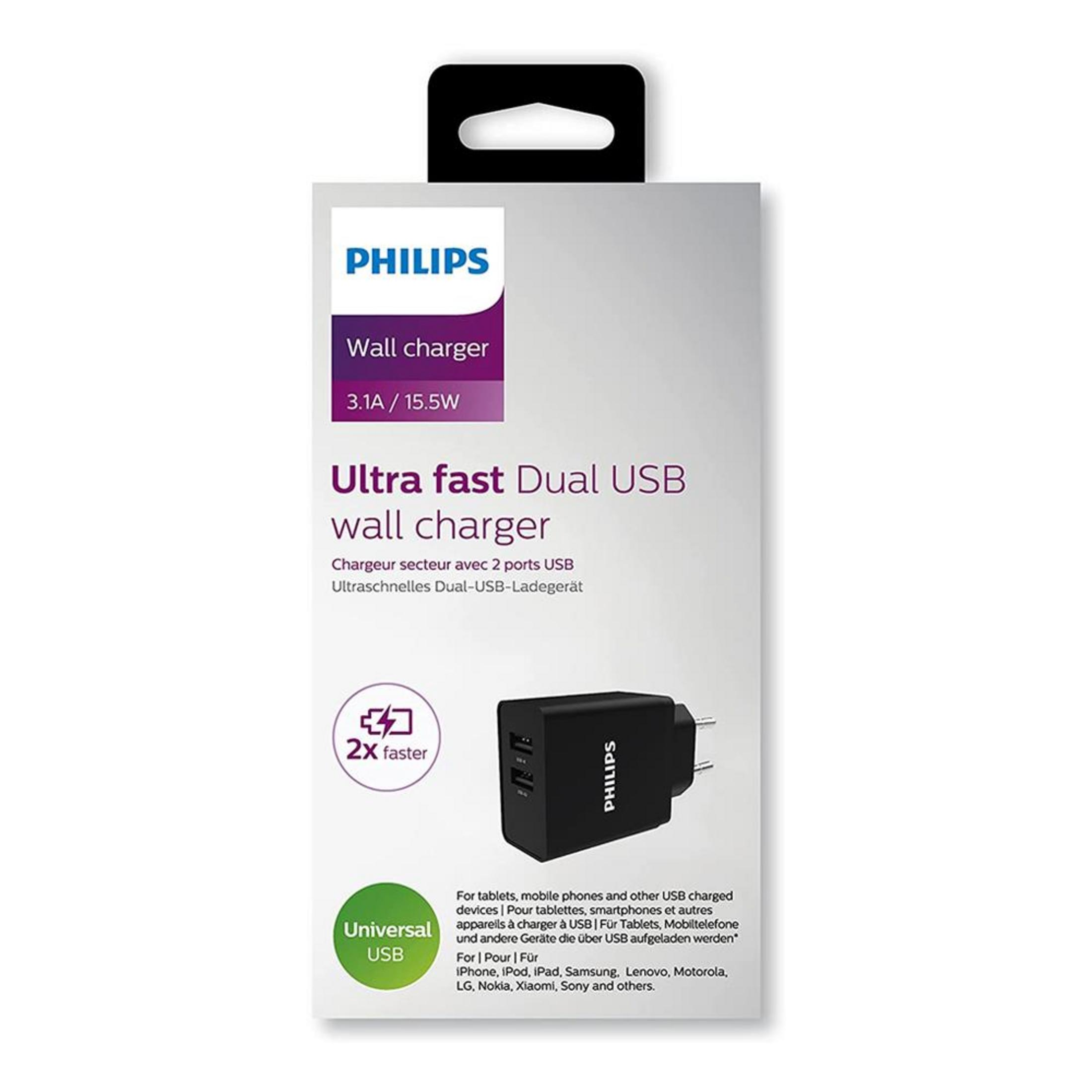 Philips Dual USB wall charger, black, with 2 ports, 3.1A/15.5W.