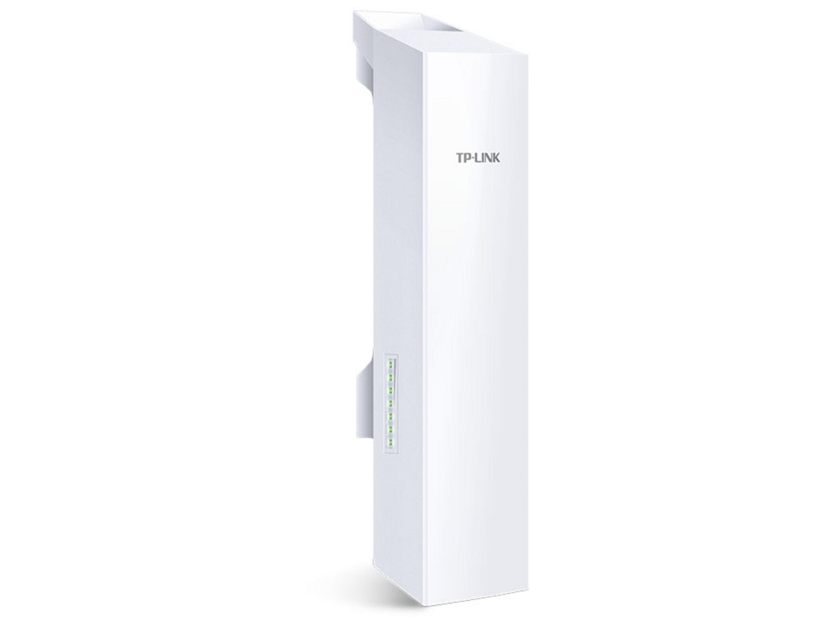 Białe urządzenie TP-Link ze wskaźnikami LED, na białym tle.