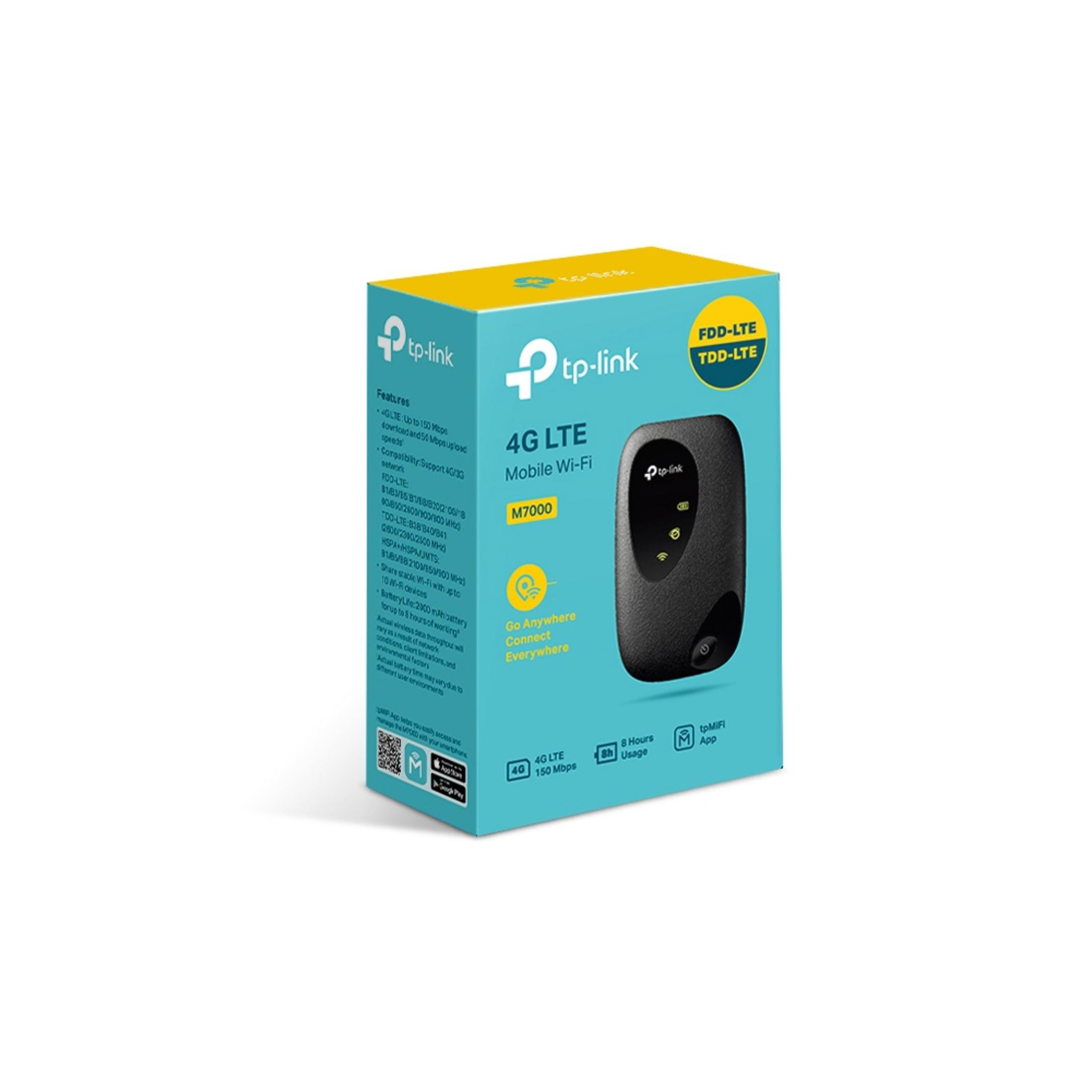 Packaging of a TP-Link M7000 4G LTE Mobile Wi-Fi device.