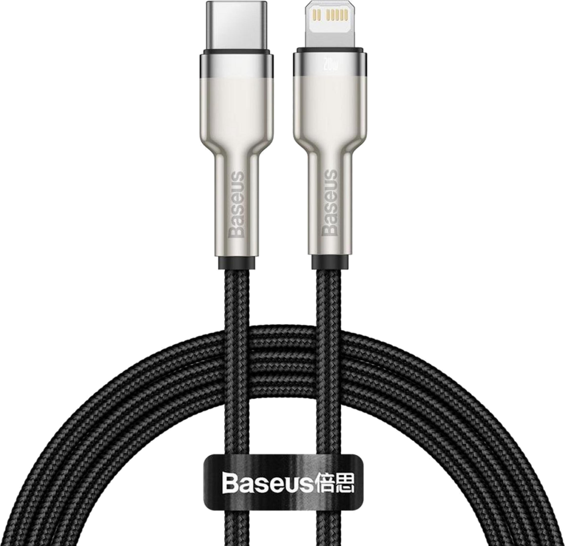 Due cavi di ricarica Baseus: uno USB-C, uno Lightning, cavo nero intrecciato.