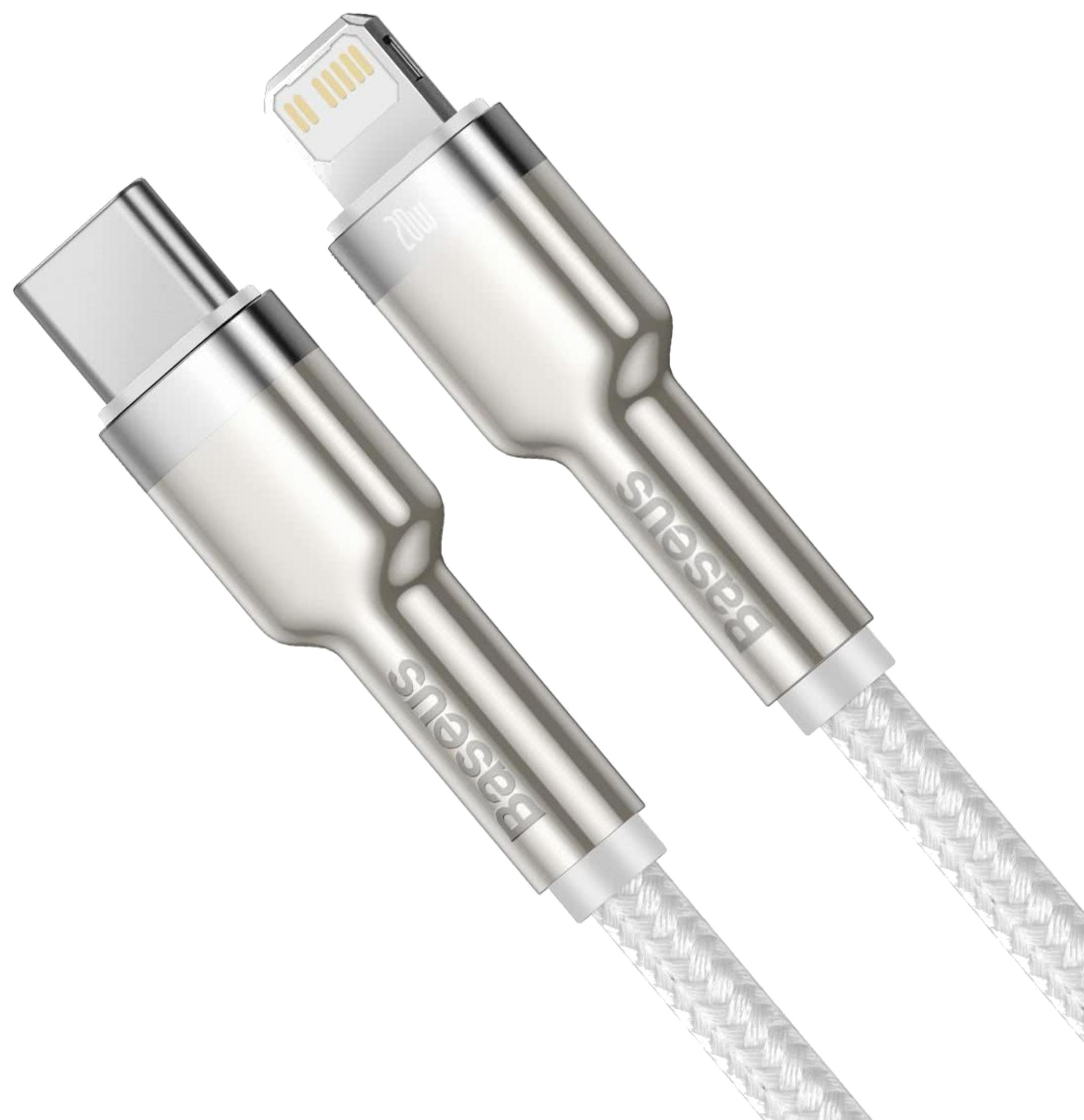 Un cavo USB-C a Lightning argentato con albero intrecciato bianco.
