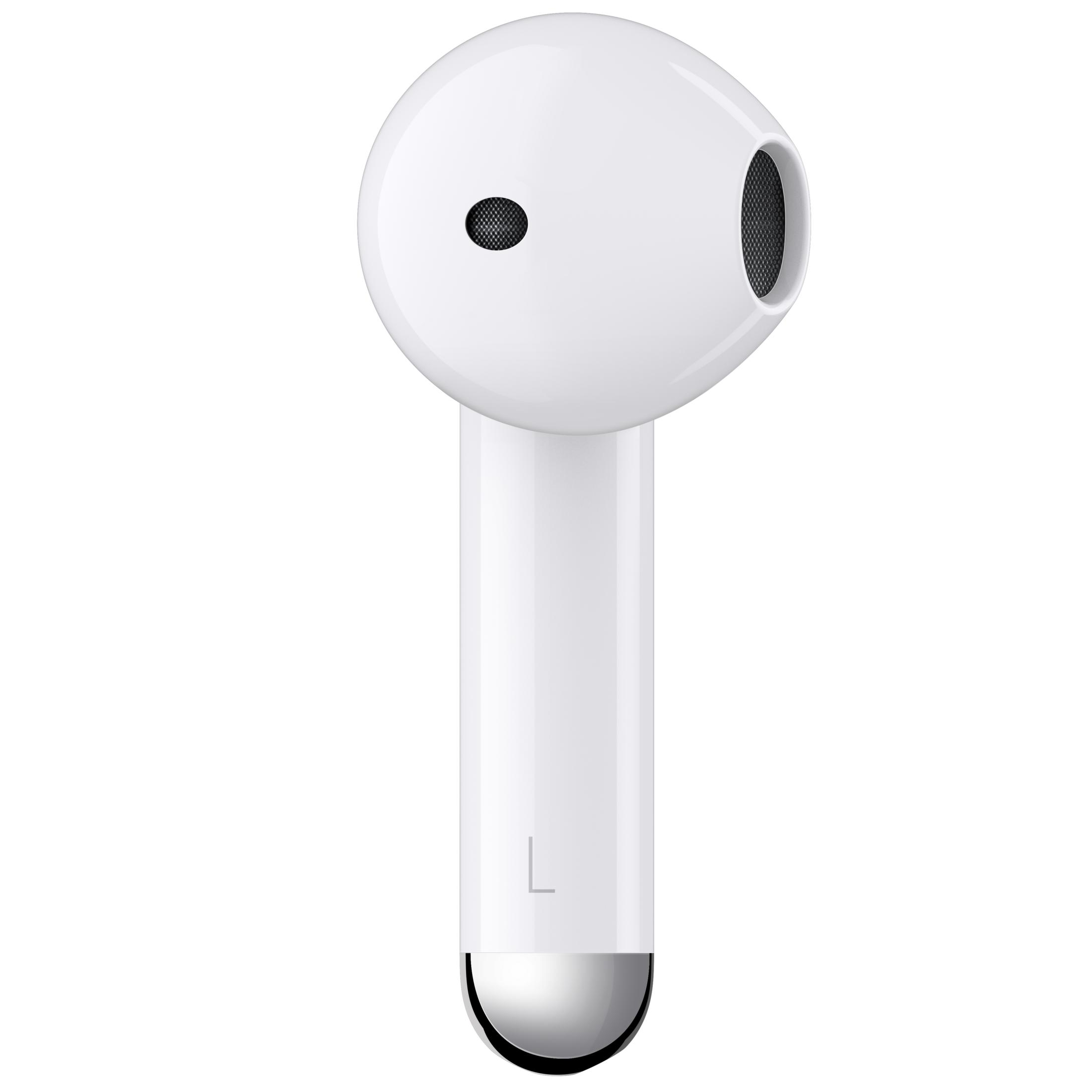 Un singolo auricolare bianco con punta argentata e dettaglio in rete nera.