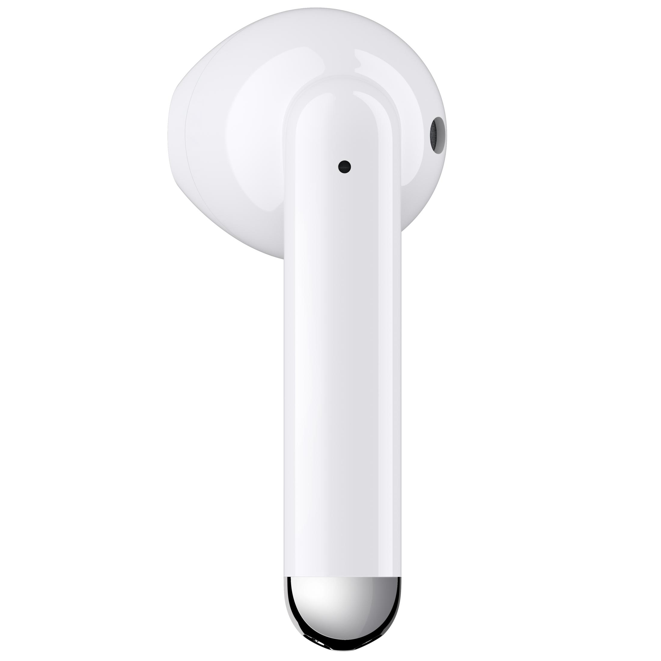 Un singolo auricolare bianco con punta argentata e accenti neri.