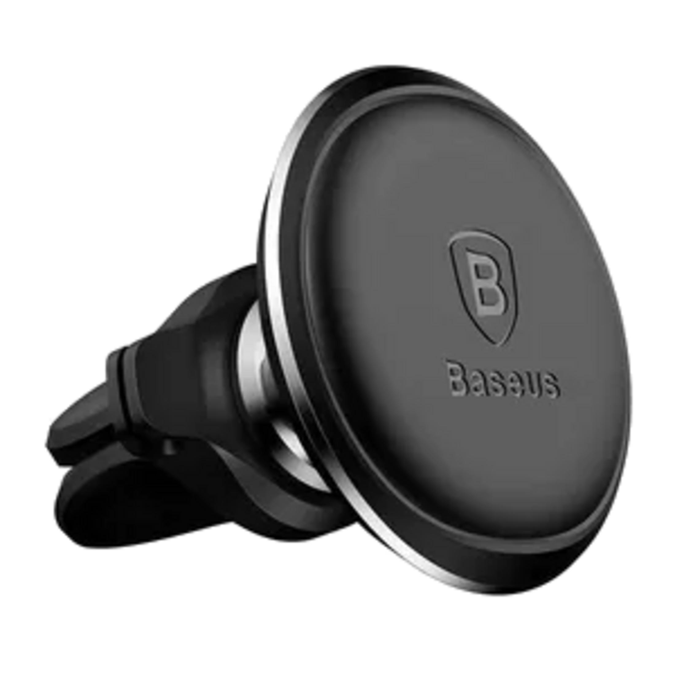 A black magnetic car air vent mount with the Baseus logo.