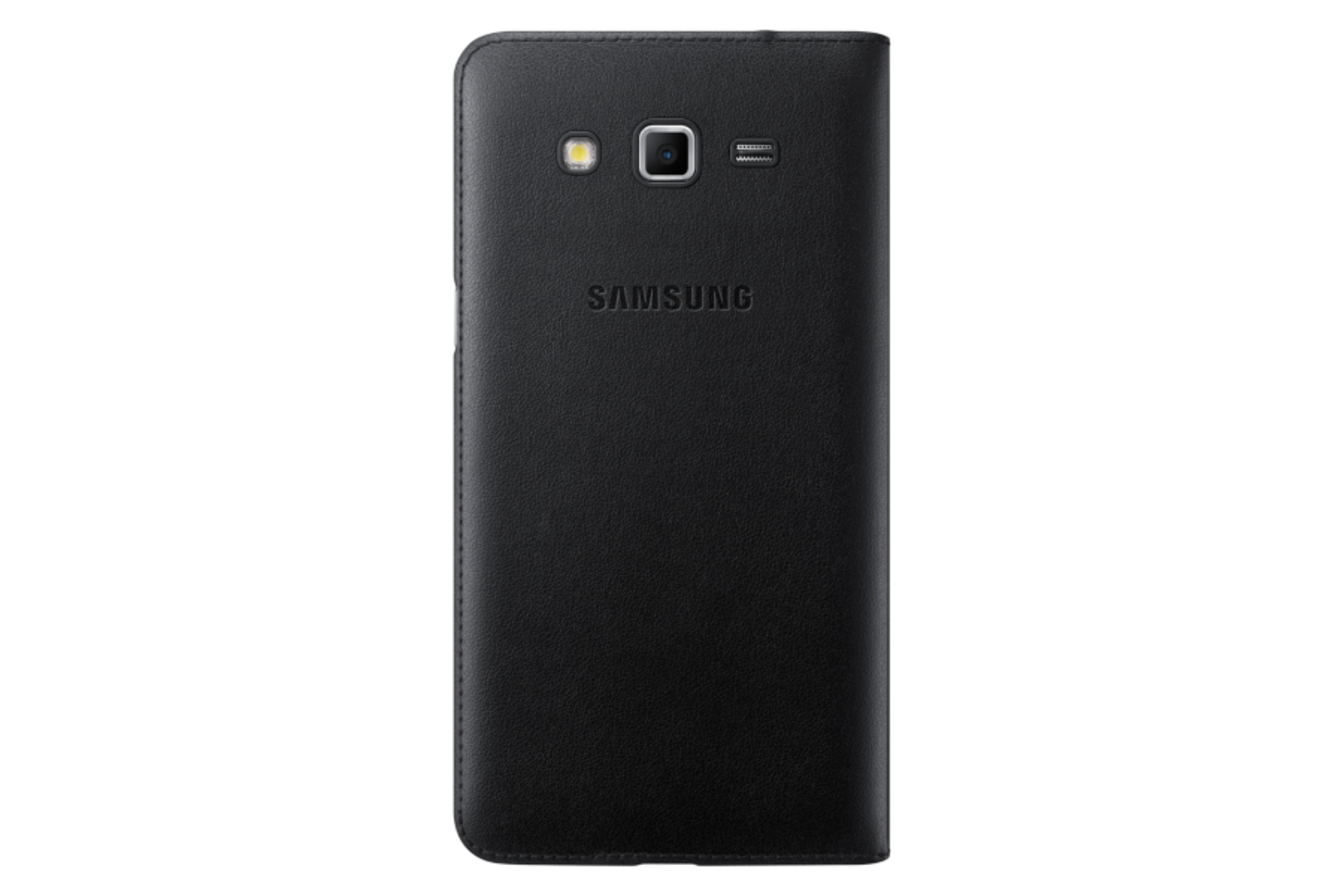 Rückseite eines schwarzen Samsung-Handys mit Kamera, Blitz und Lautsprecher.