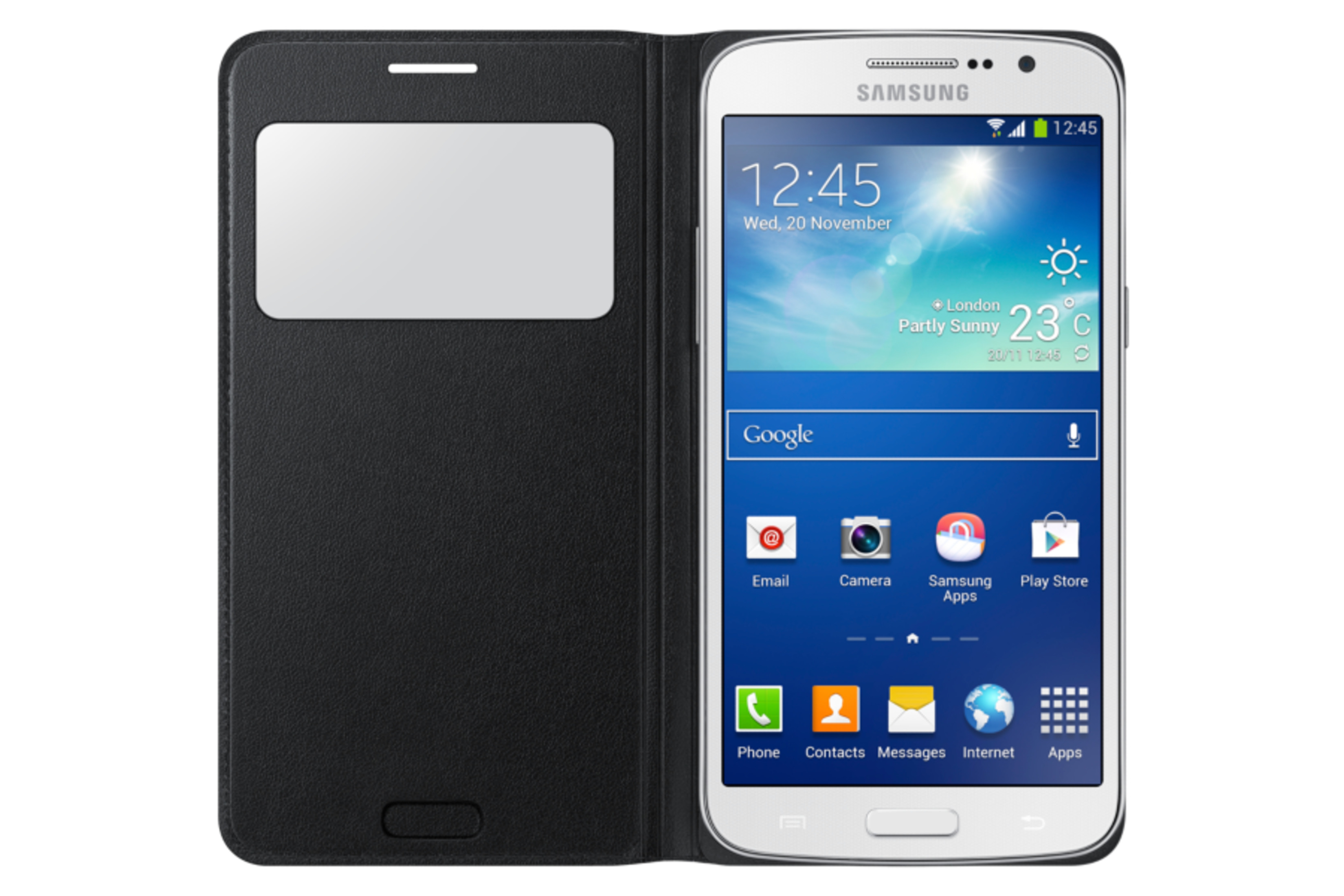 Ein weißes Samsung-Smartphone mit schwarzer Hülle, das Wetter und Uhrzeit anzeigt.