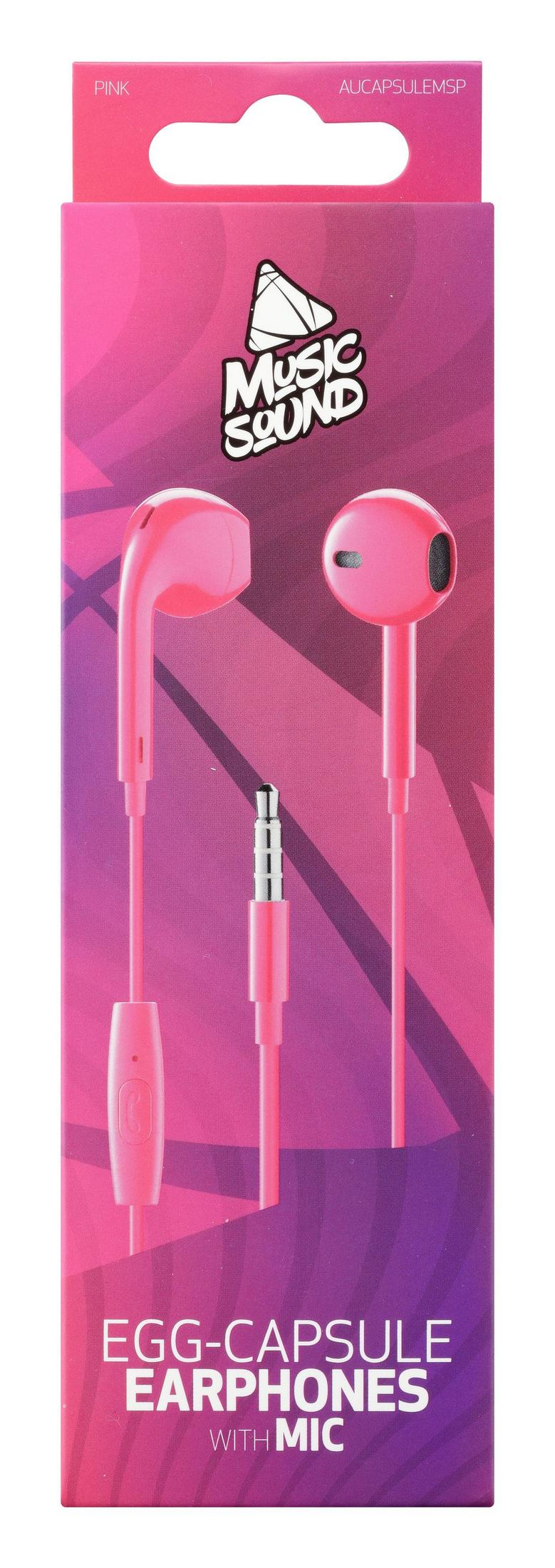 Confezione auricolari rosa a capsula con microfono. Logo Music Sound.