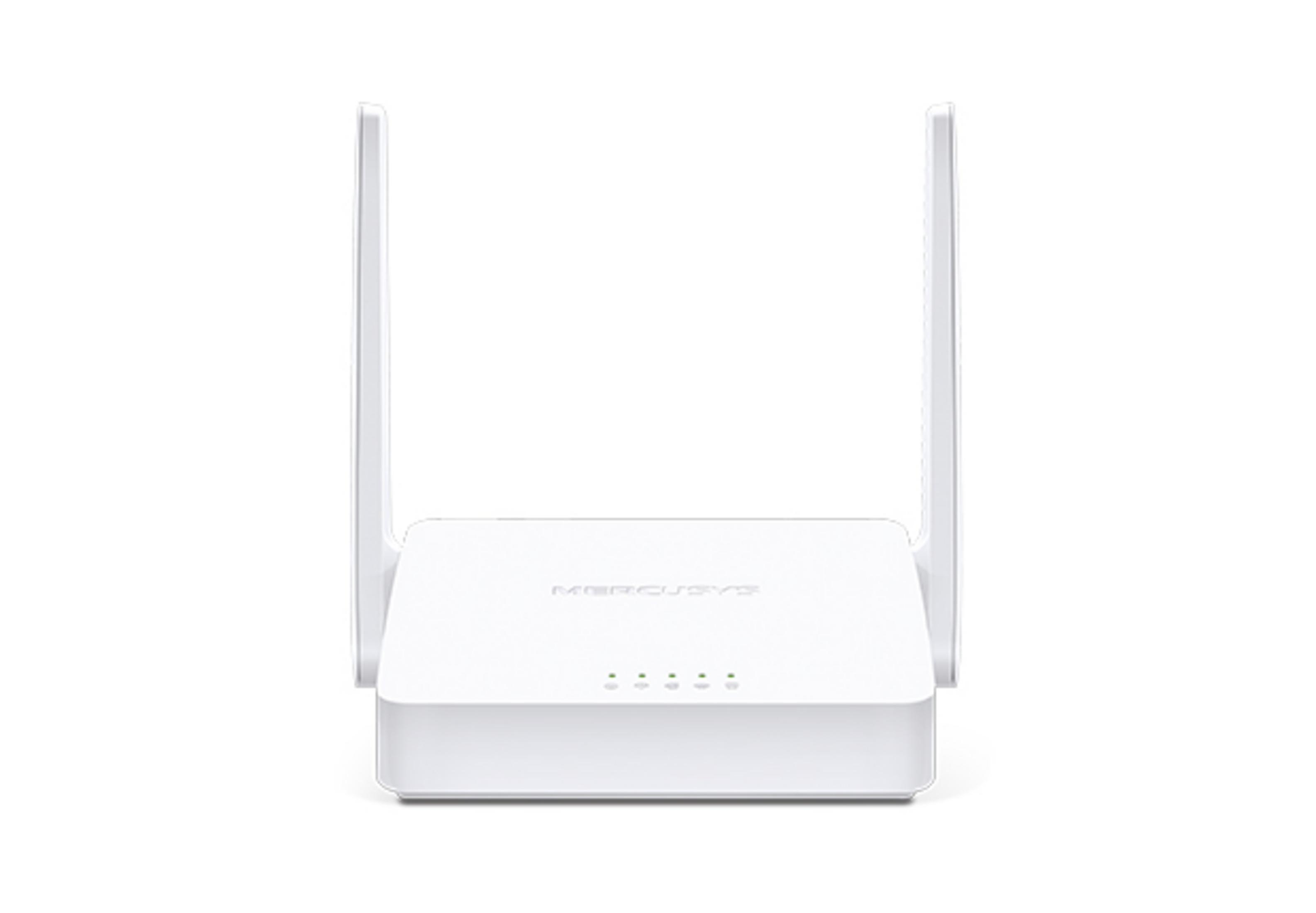 Un piccolo router bianco con due antenne e quattro spie verdi.