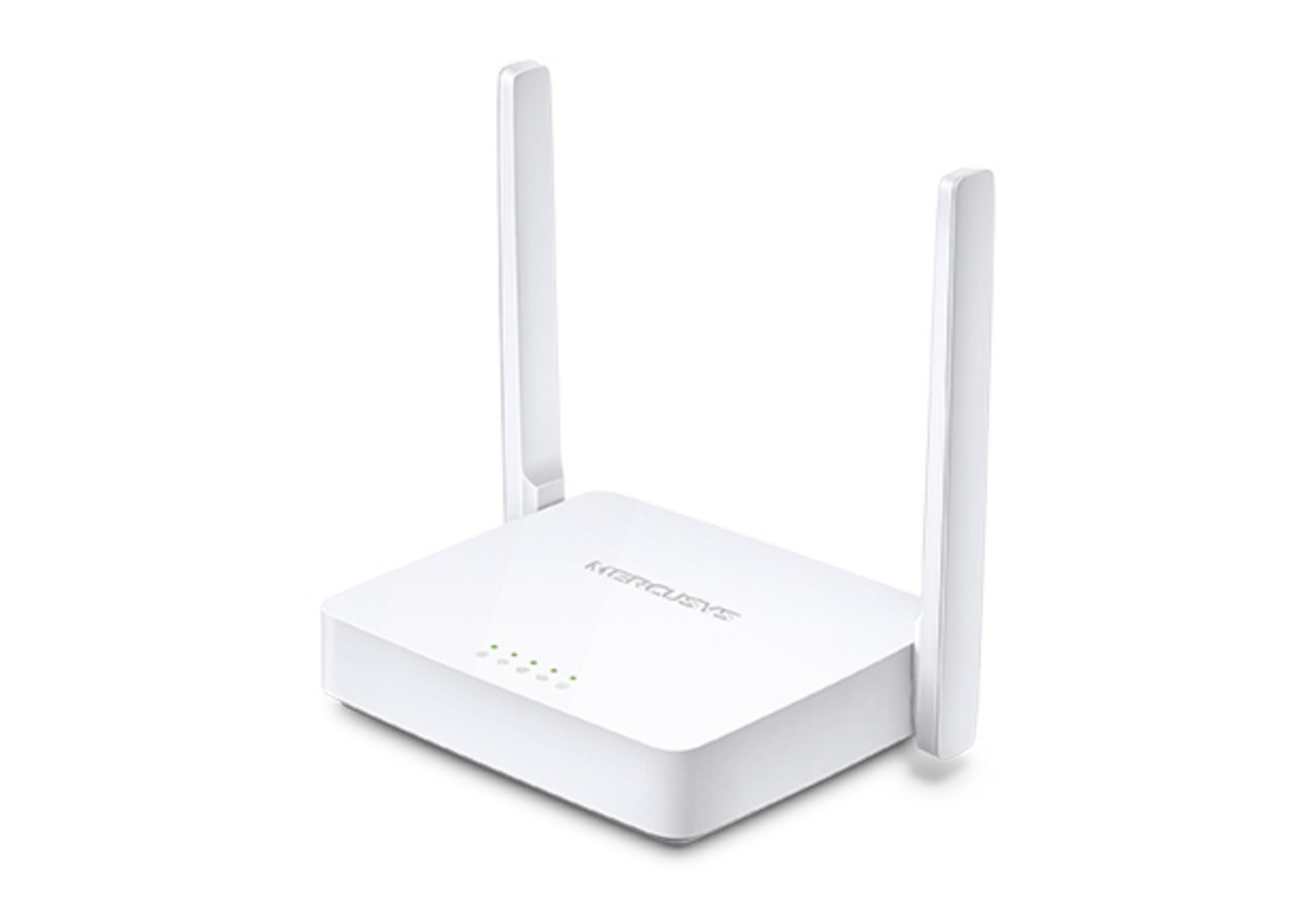 Un router Wi-Fi bianco con due antenne e spie LED verdi.