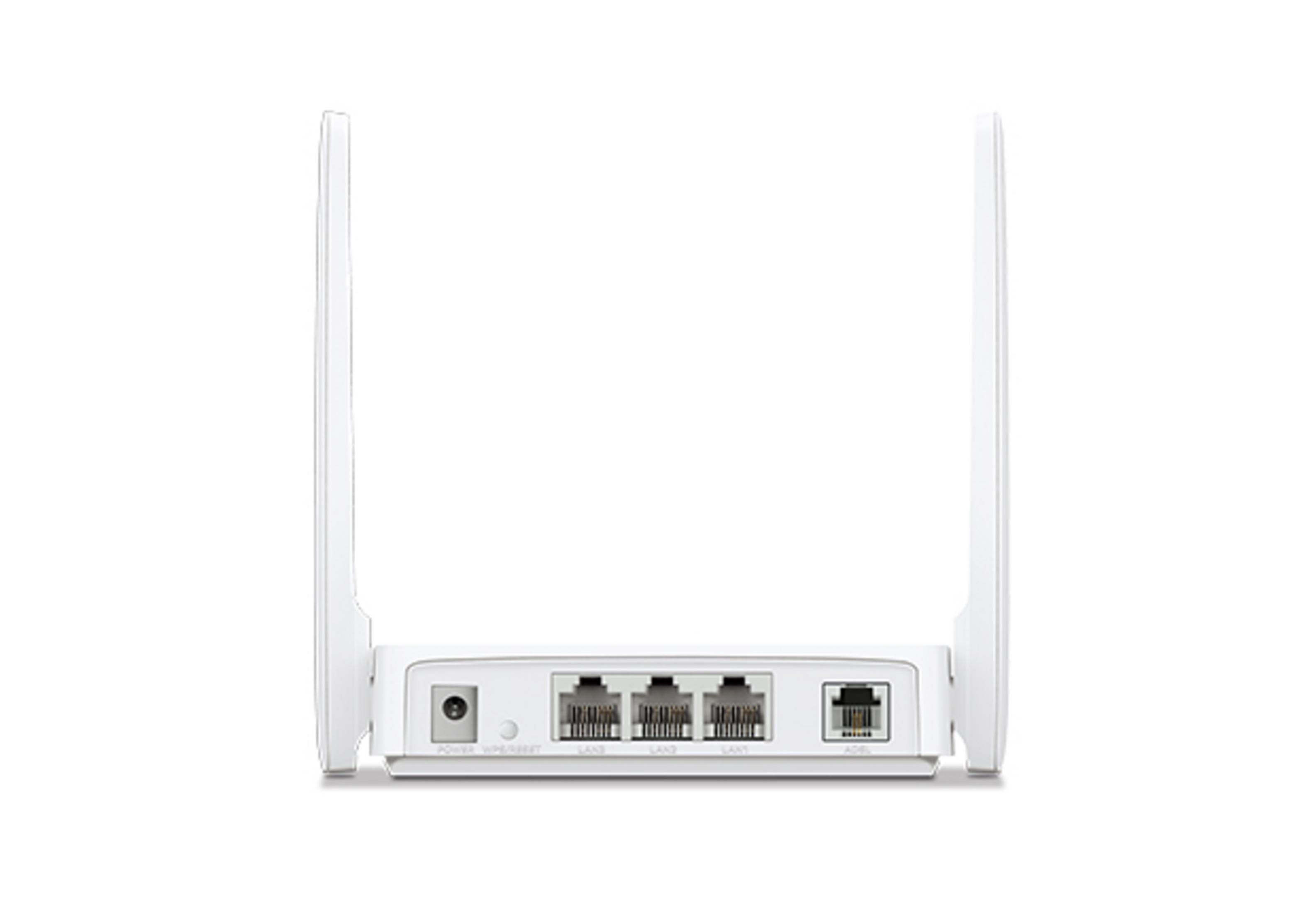 Retro di un router bianco con porte: Alimentazione, Reset, 3x LAN, WAN.