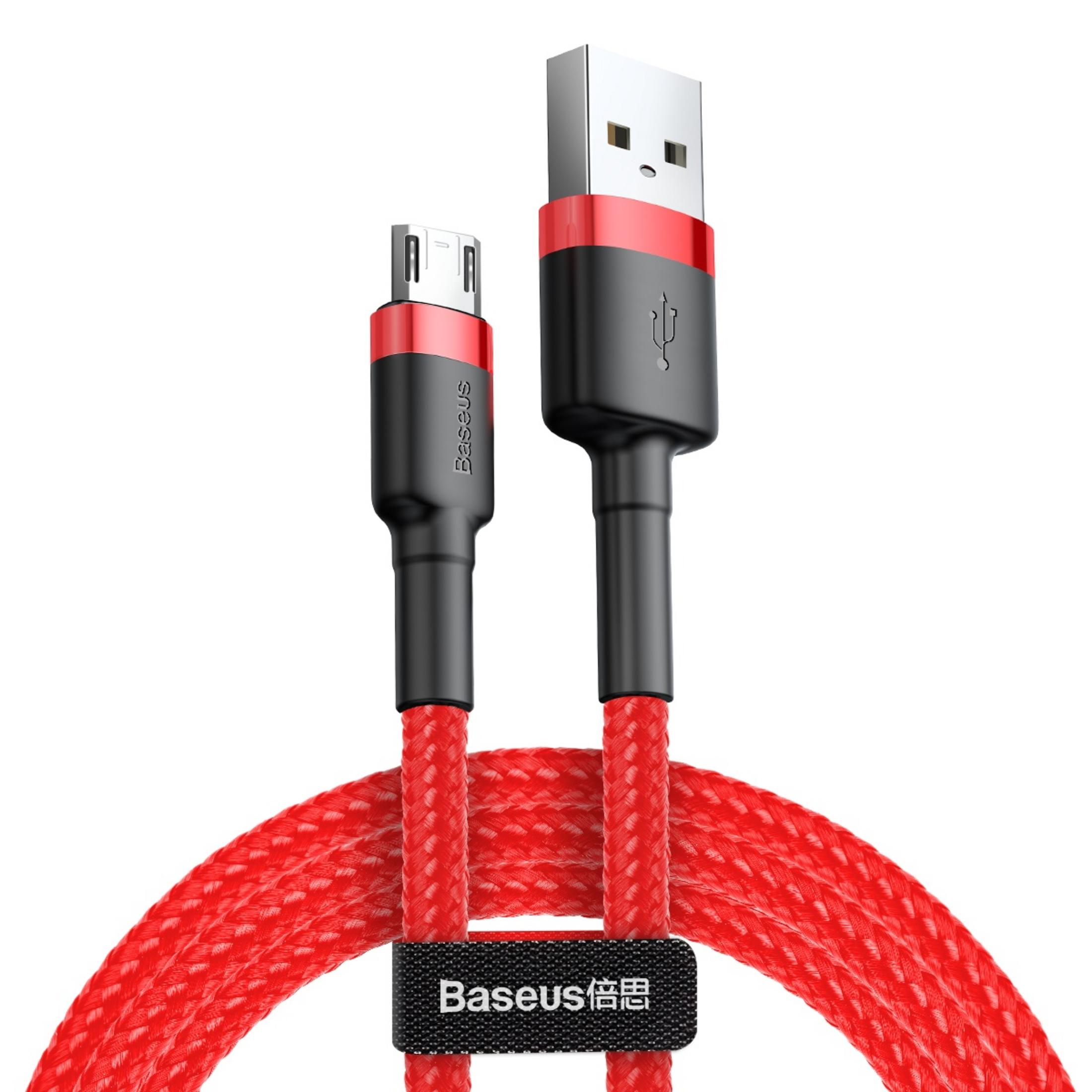 Cavo USB intrecciato rosso con connettori neri e rossi.