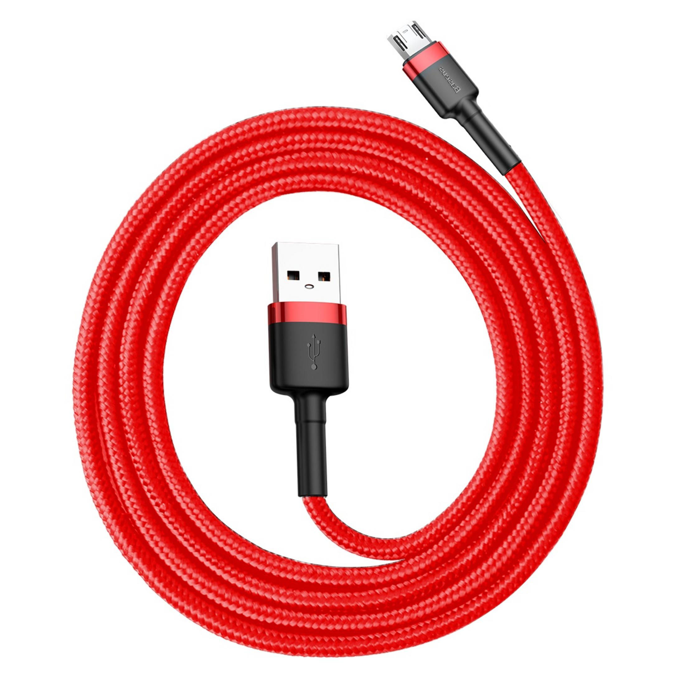 Un cavo USB rosso con connettori neri e un anello rosso.