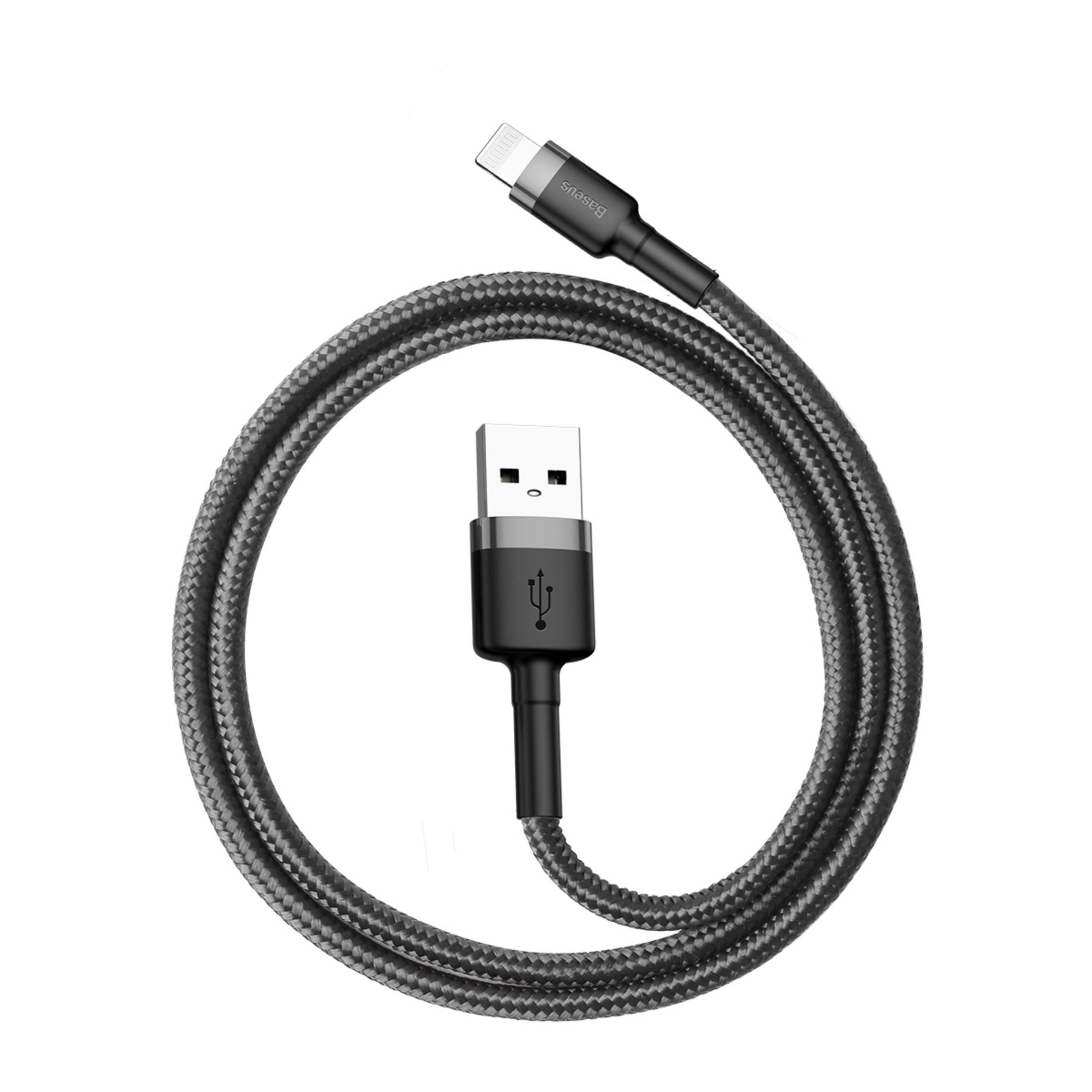 Een grijze USB naar Lightning kabel met gevlochten stoffen omhulsel.