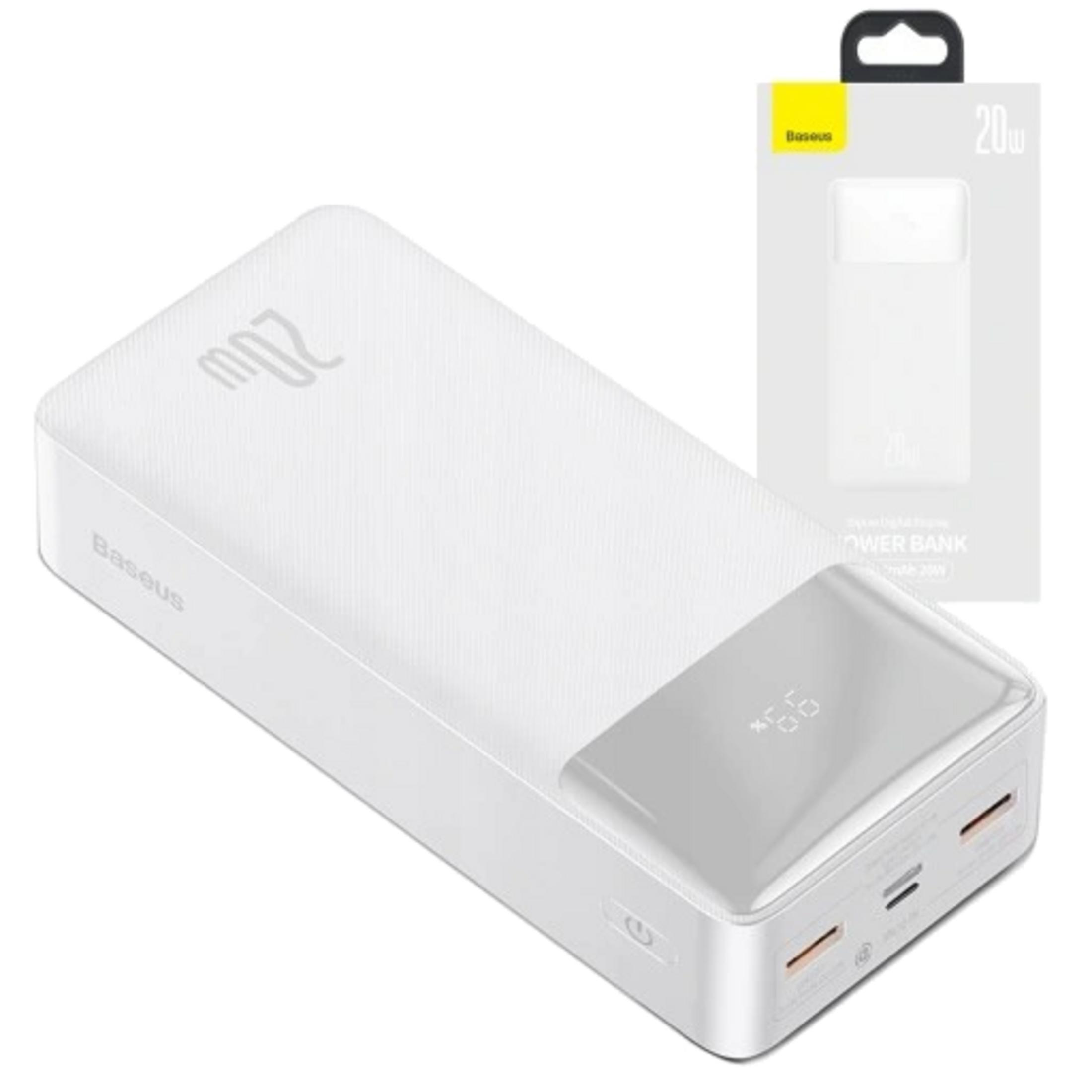 Power bank blanca Baseus de 20W con pantalla digital y puertos. Caja al fondo.