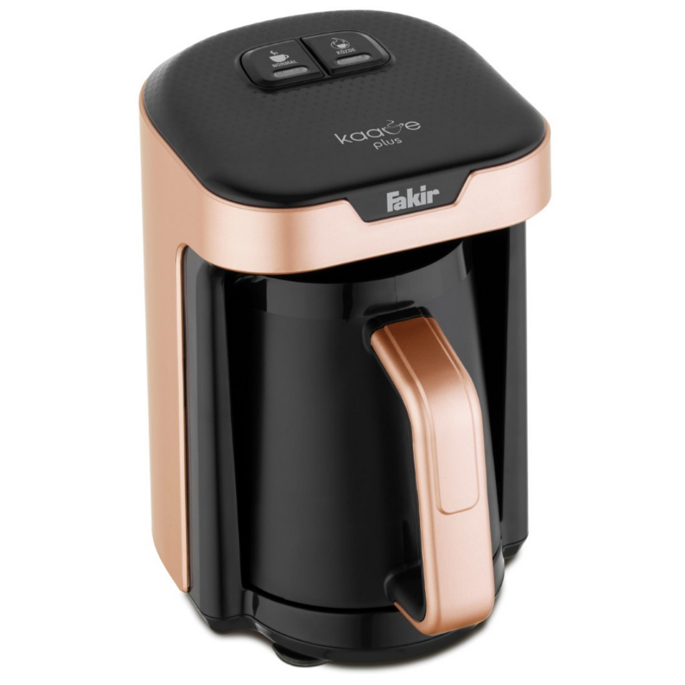Üstünde iki düğmesi olan siyah ve rose gold Fakir kahve makinesi.