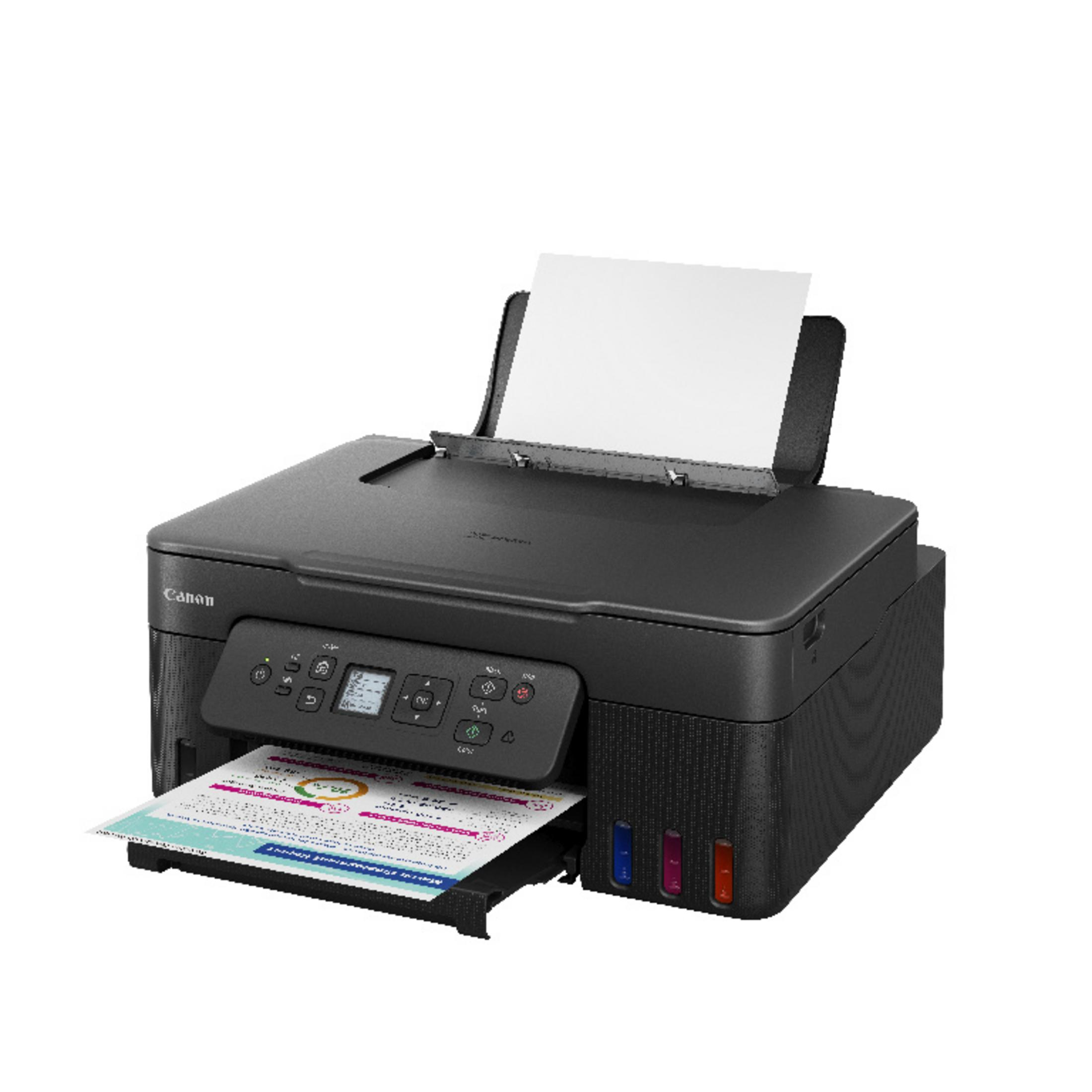 Ein schwarzer Canon Drucker mit bedrucktem Papier in der Papierzufuhr und drei Tintenbehältern.