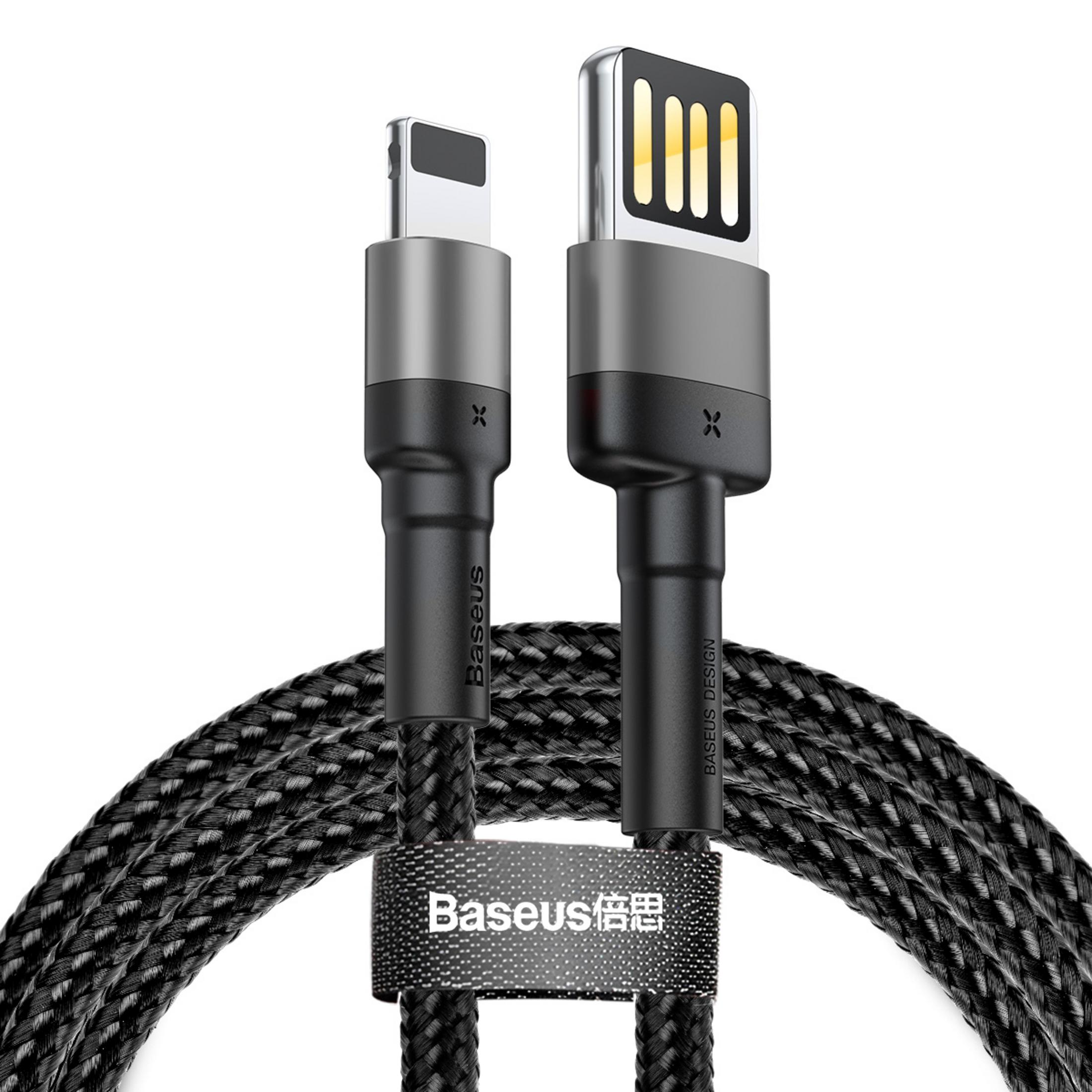 Due cavi di ricarica Baseus con connettori Lightning, neri, sfondo bianco.