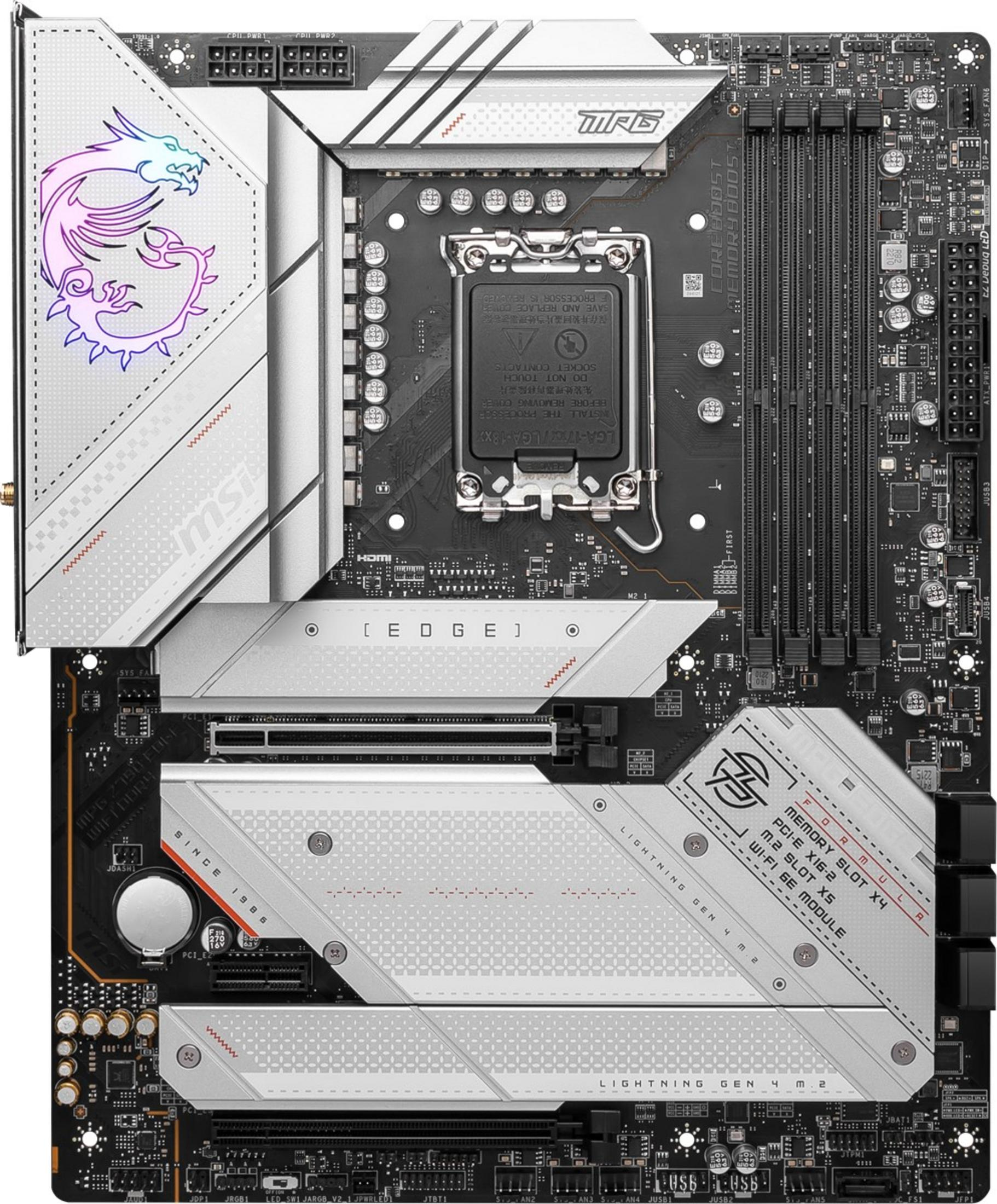 Una moderna scheda madre MSI con dissipatori, porte e un logo di drago.