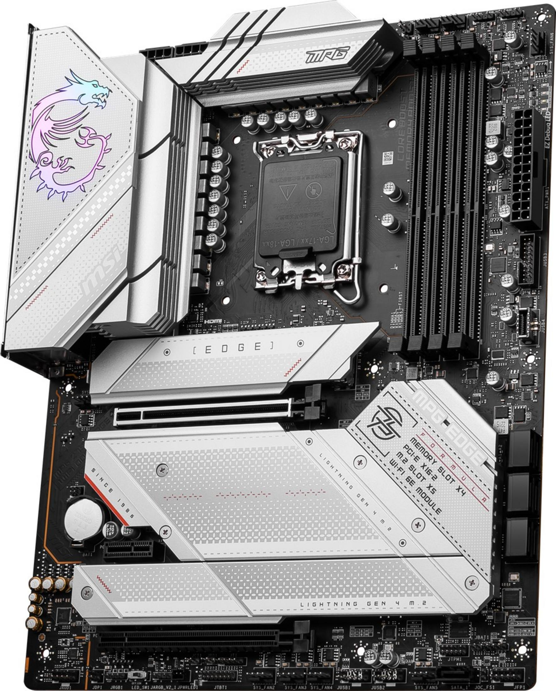 Una scheda madre per computer con dissipatori d'argento e logo MSI.
