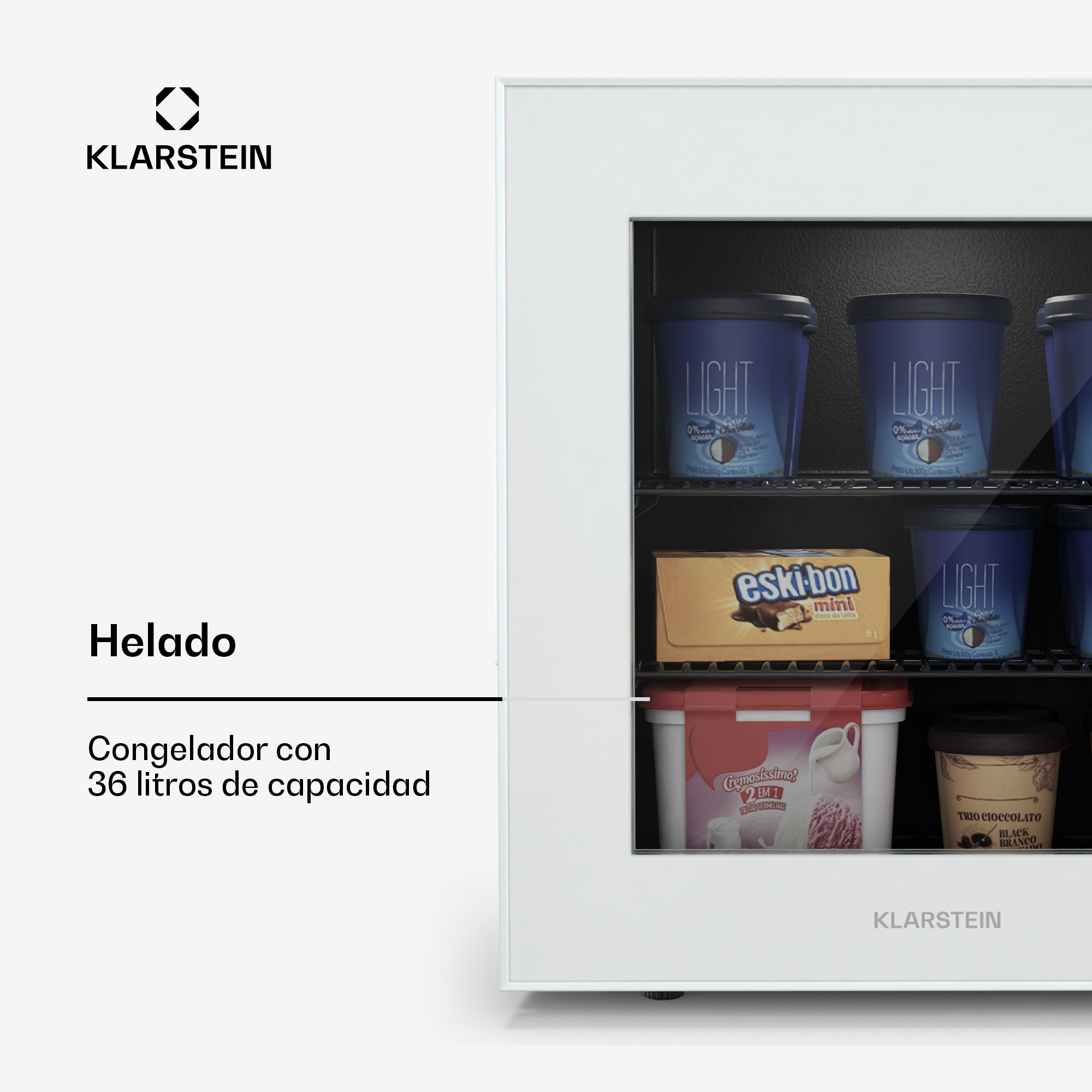 Un congelatore Klarstein con gelati e barrette di cioccolato.