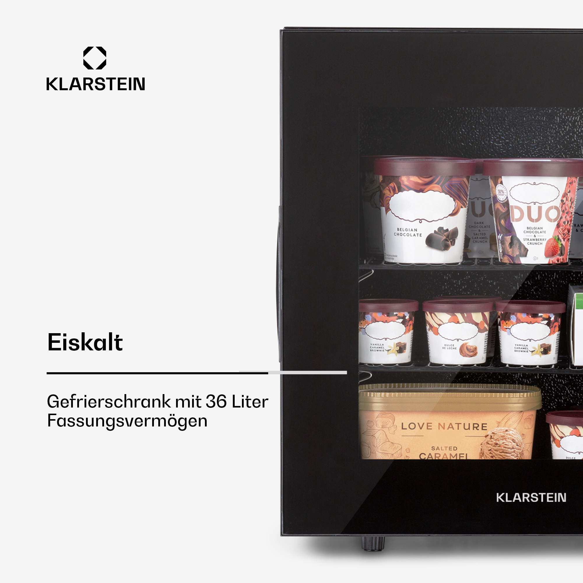 Un congelatore nero con diversi vasetti di gelato e logo Klarstein.