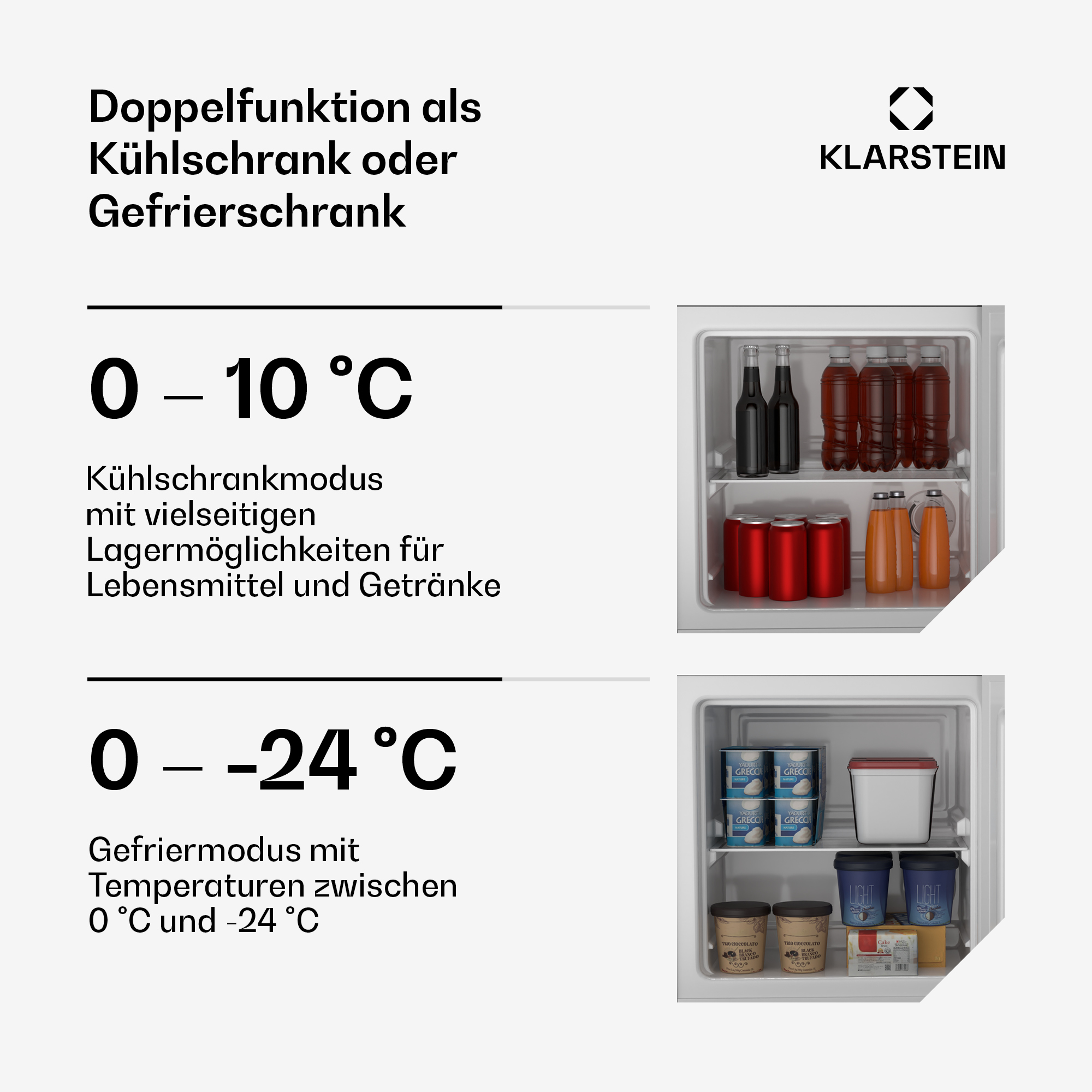 Kühlschrank mit Flaschen, Dosen und Joghurt. Gefrierschrank mit Eiscreme und Kuchen.