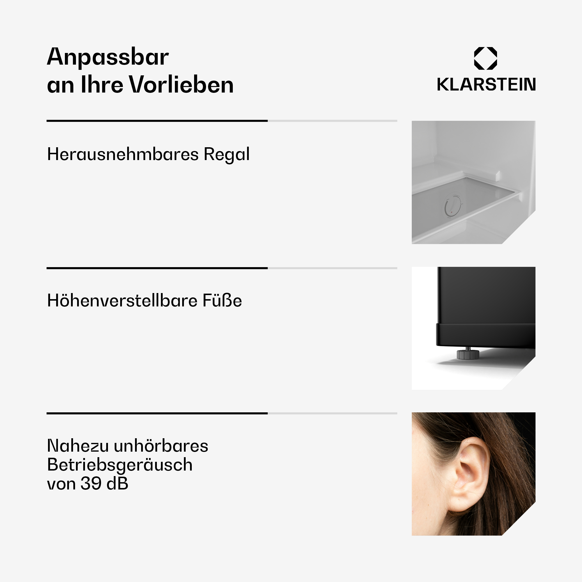 Klarstein: Anpassbar mit herausnehmbarem Regal, höhenverstellbaren Füßen und leisem Betrieb.