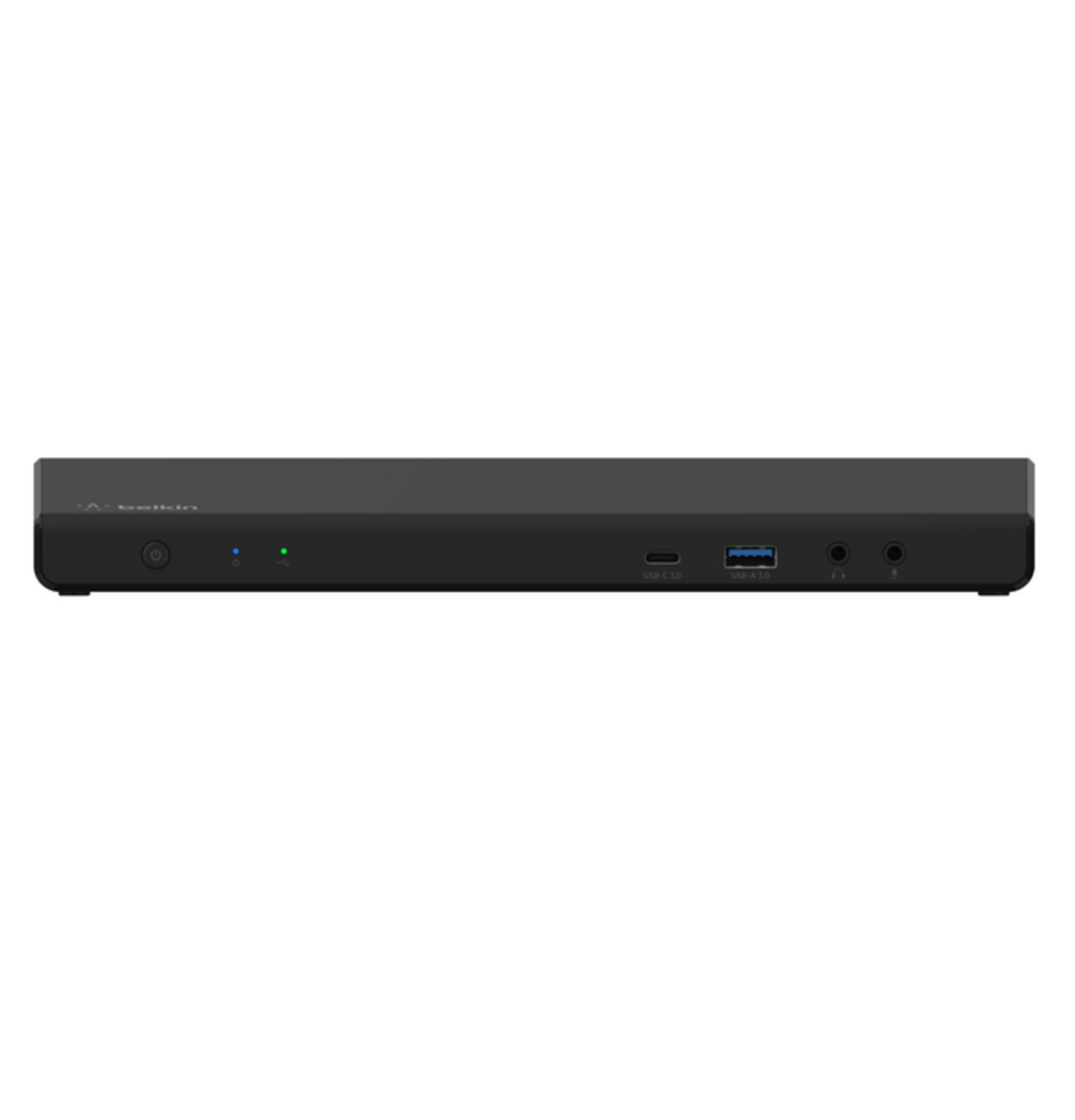 Hub di docking Belkin nero con porte USB-C, USB-A 3.0, cuffie e microfono.