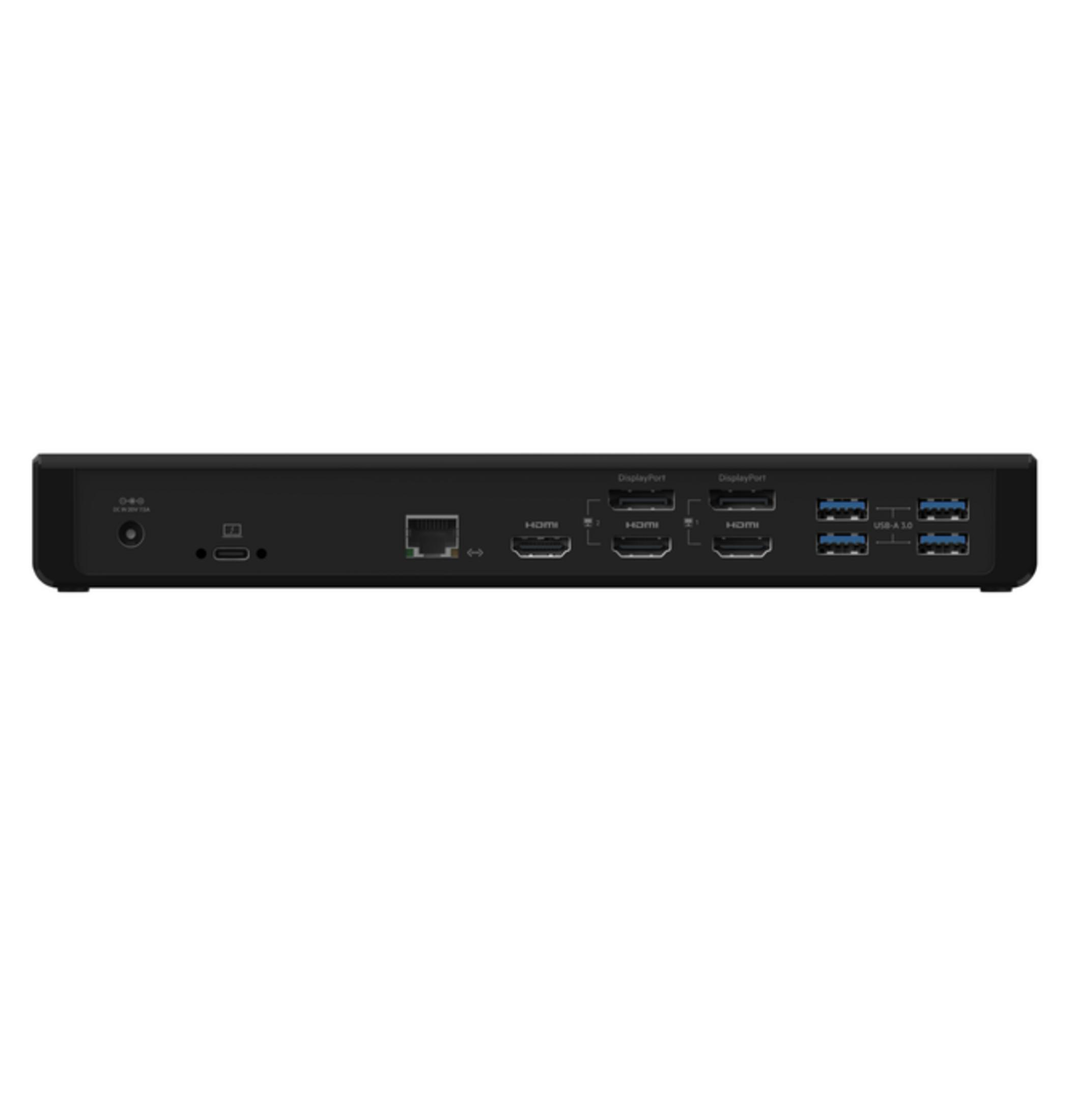 Retro di una docking station nera con porte: DC, USB-C, Ethernet, 2x HDMI, 2x DisplayPort, 4x USB-A.