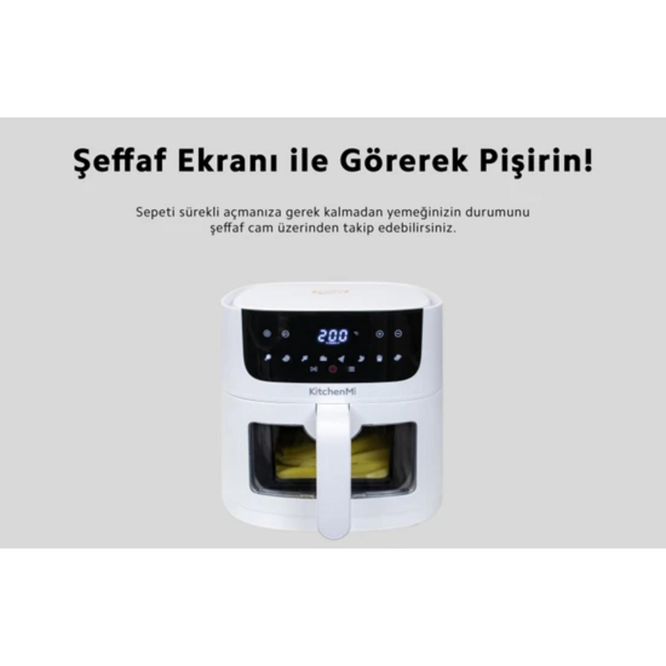 Şeffaf penceresi ve dijital ekranı olan beyaz airfryer.