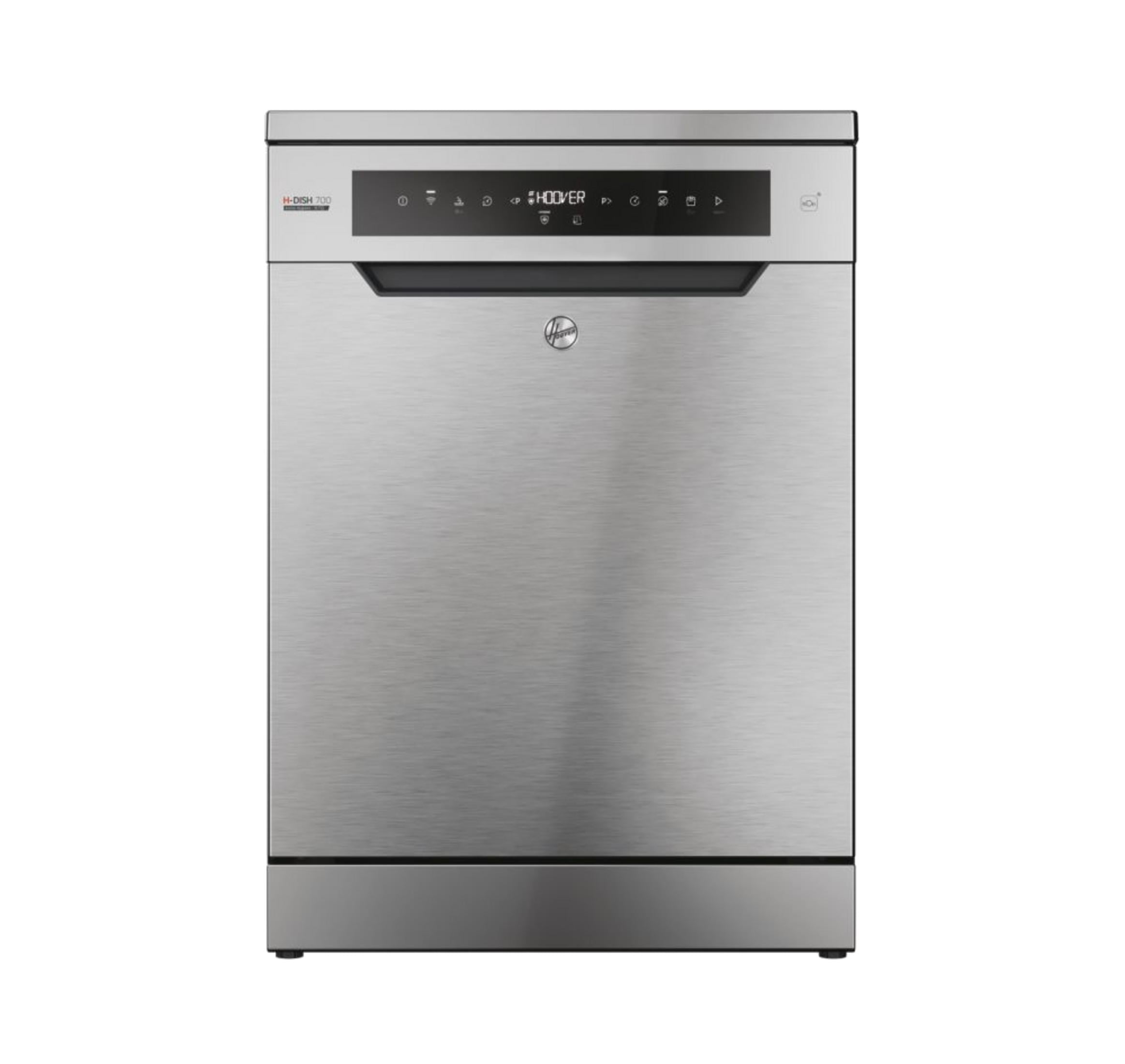 Üstte dijital kontrol panelli gümüş renkli Hoover bulaşık makinesi.
