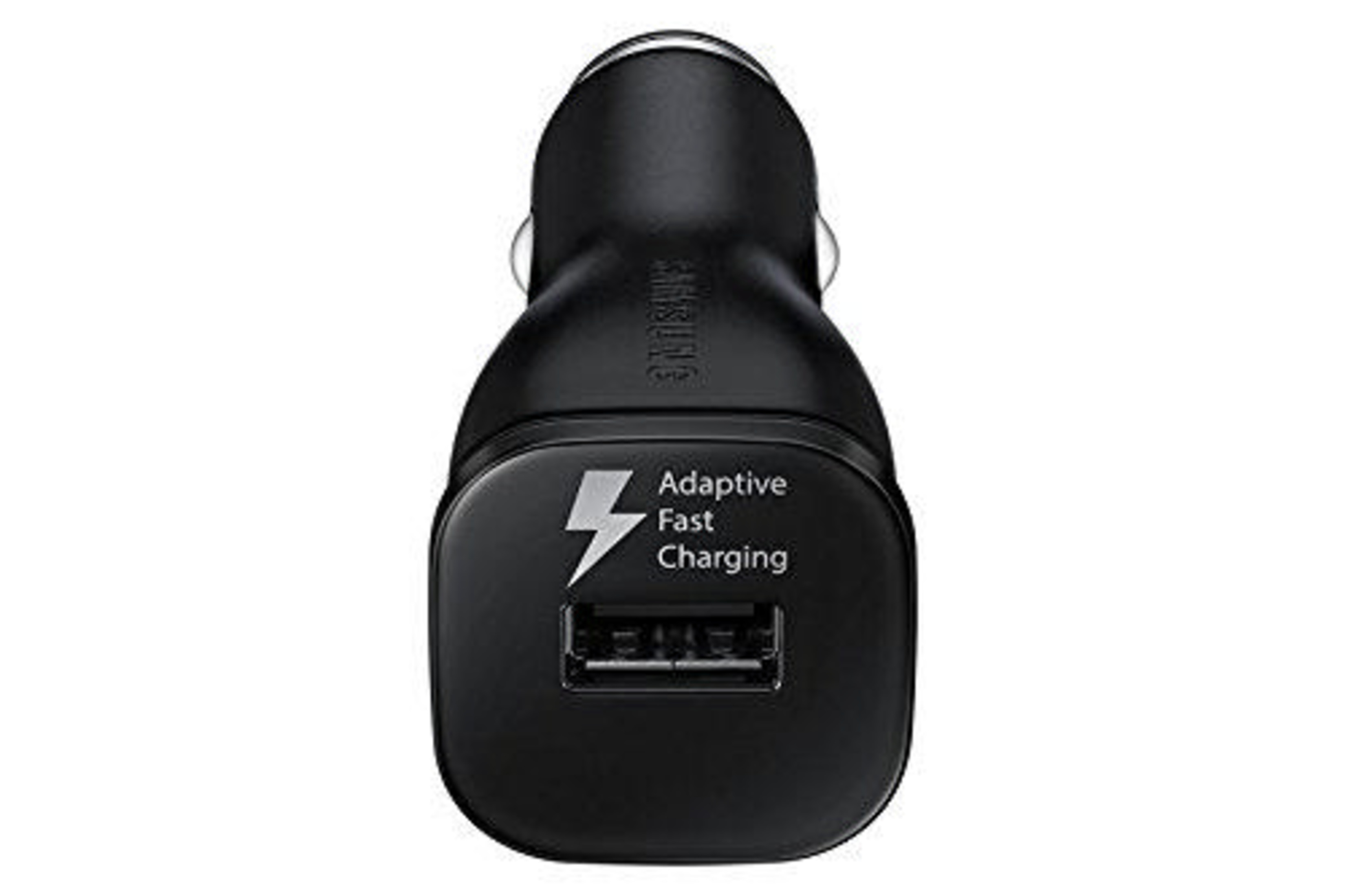 Schwarzer Samsung KFZ-Ladeadapter mit USB-Anschluss und Blitzsymbol.