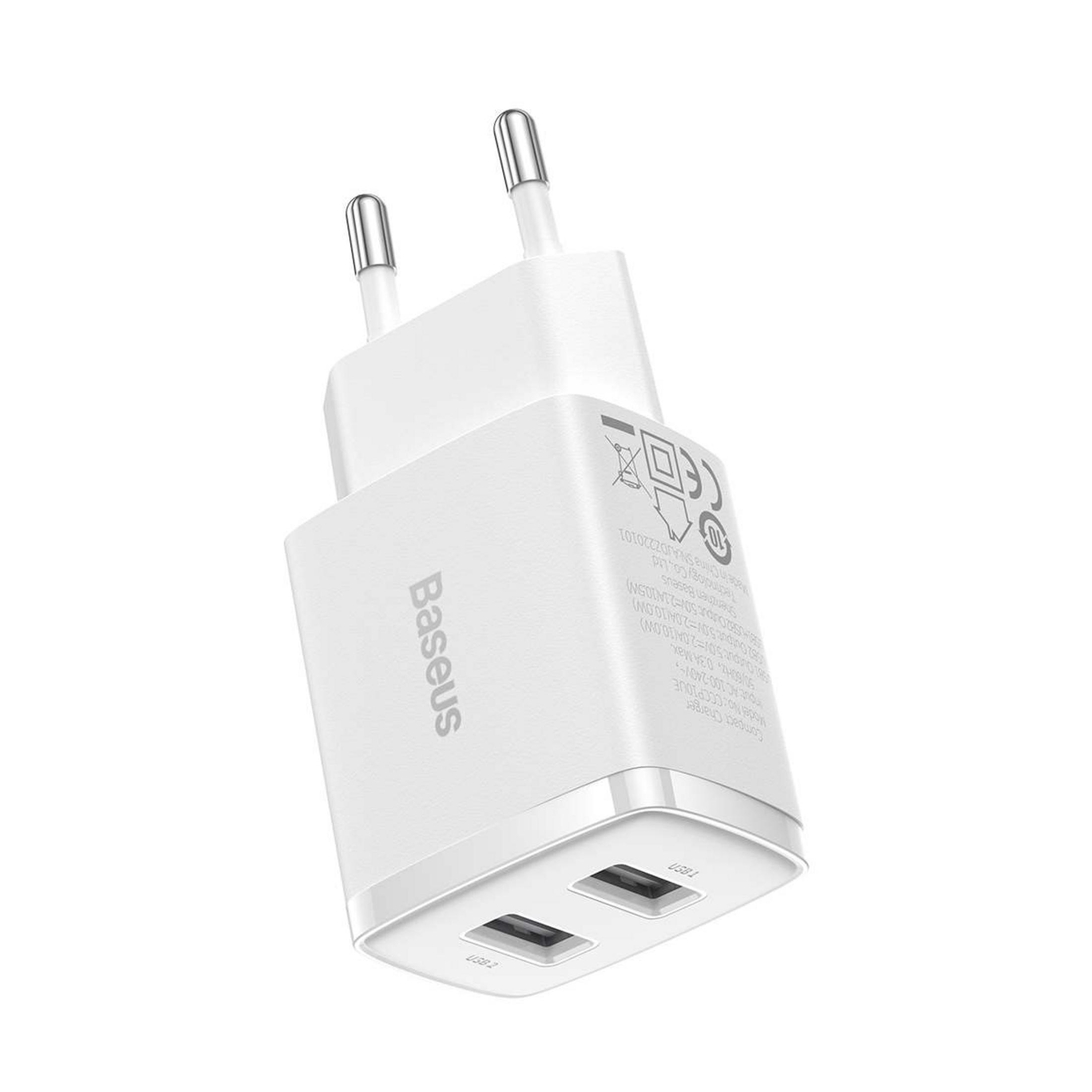 Un cargador blanco Baseus con dos puertos USB y enchufe europeo.