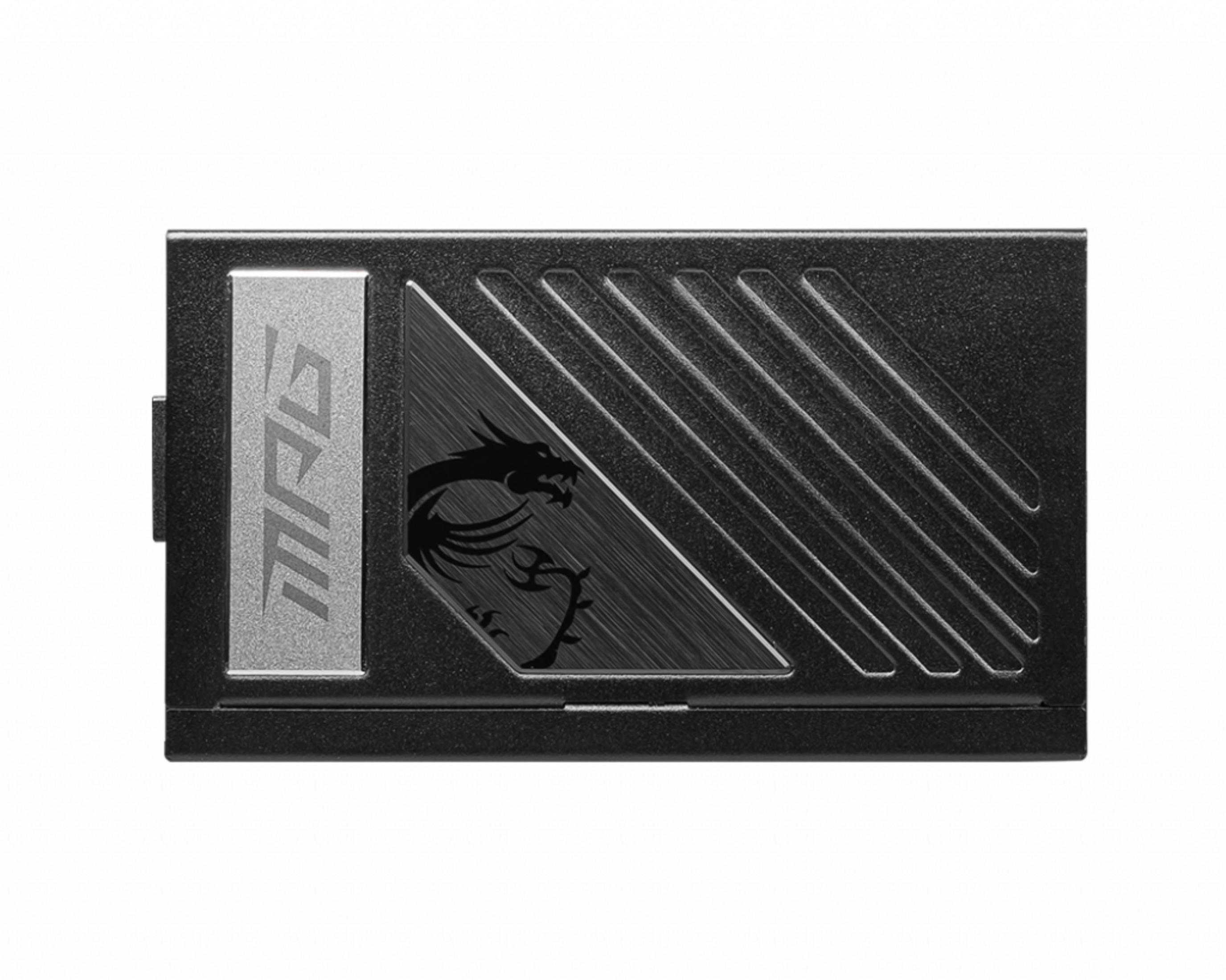 Schwarzes Netzteil mit MSI-Logo und Drachenmotiv, liniertes Design.