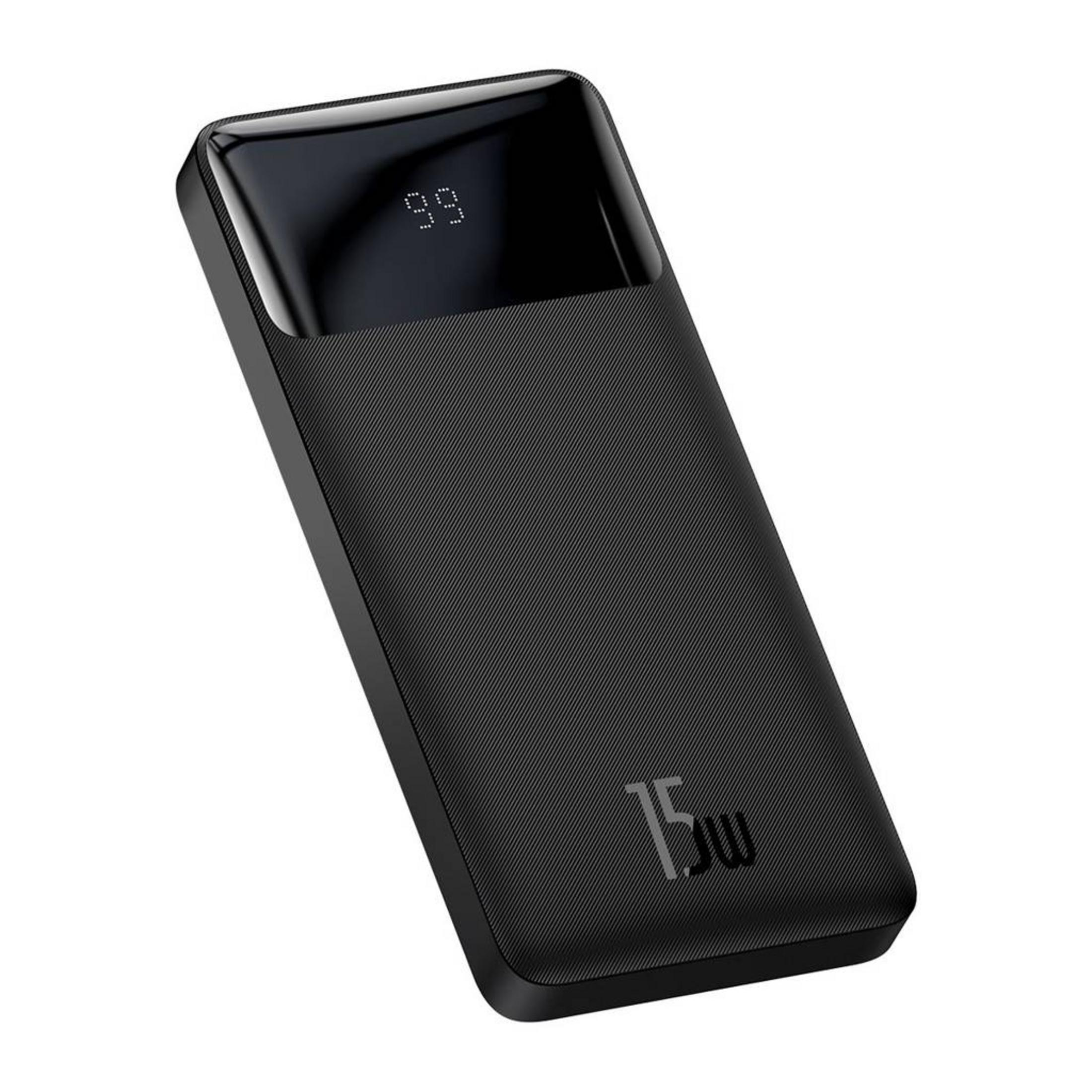 Schwarzes Powerbank mit gerippter Textur und digitaler Anzeige von 99 und 15W.