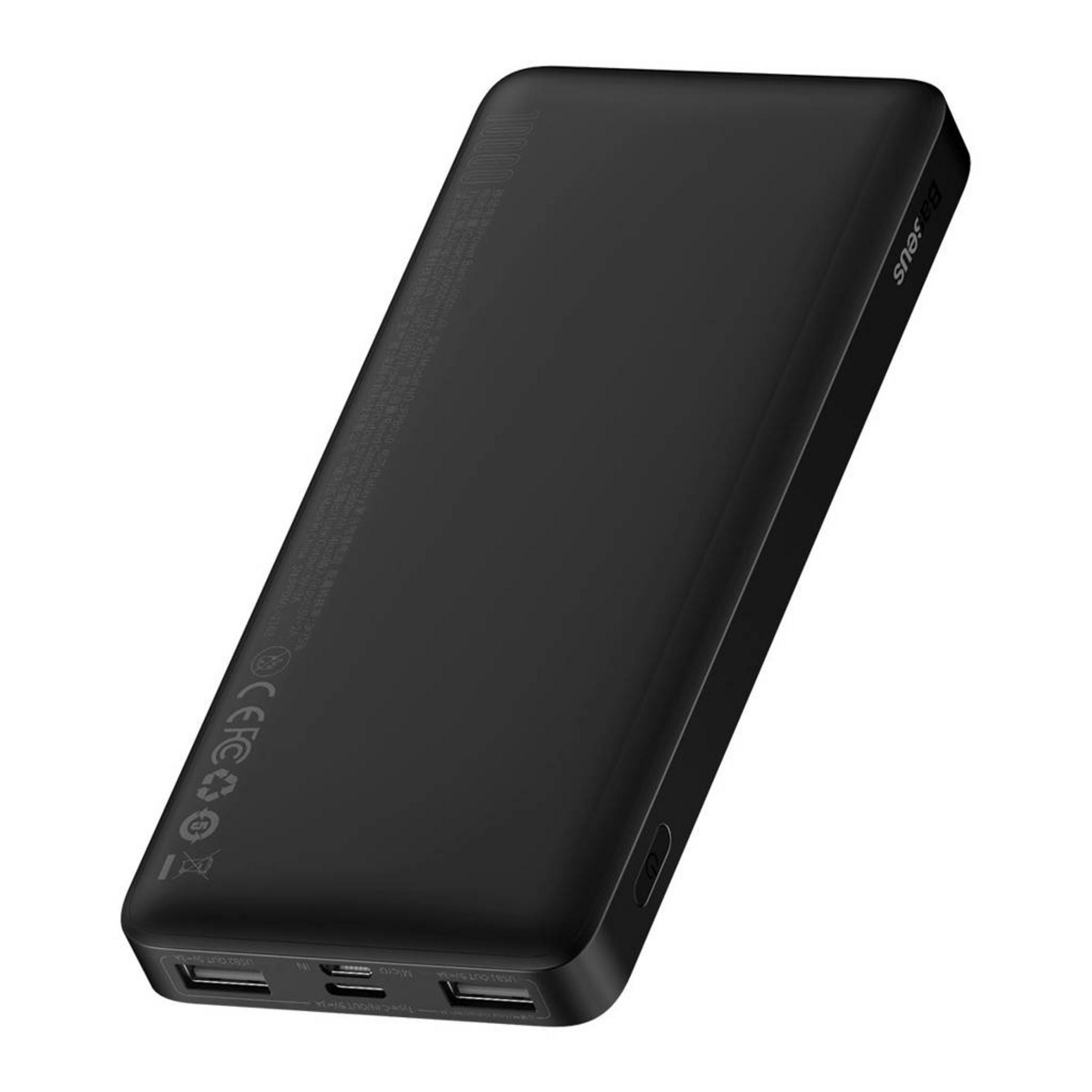Schwarzes Baseus 10000mAh Powerbank mit USB- und Micro-Anschlüssen.
