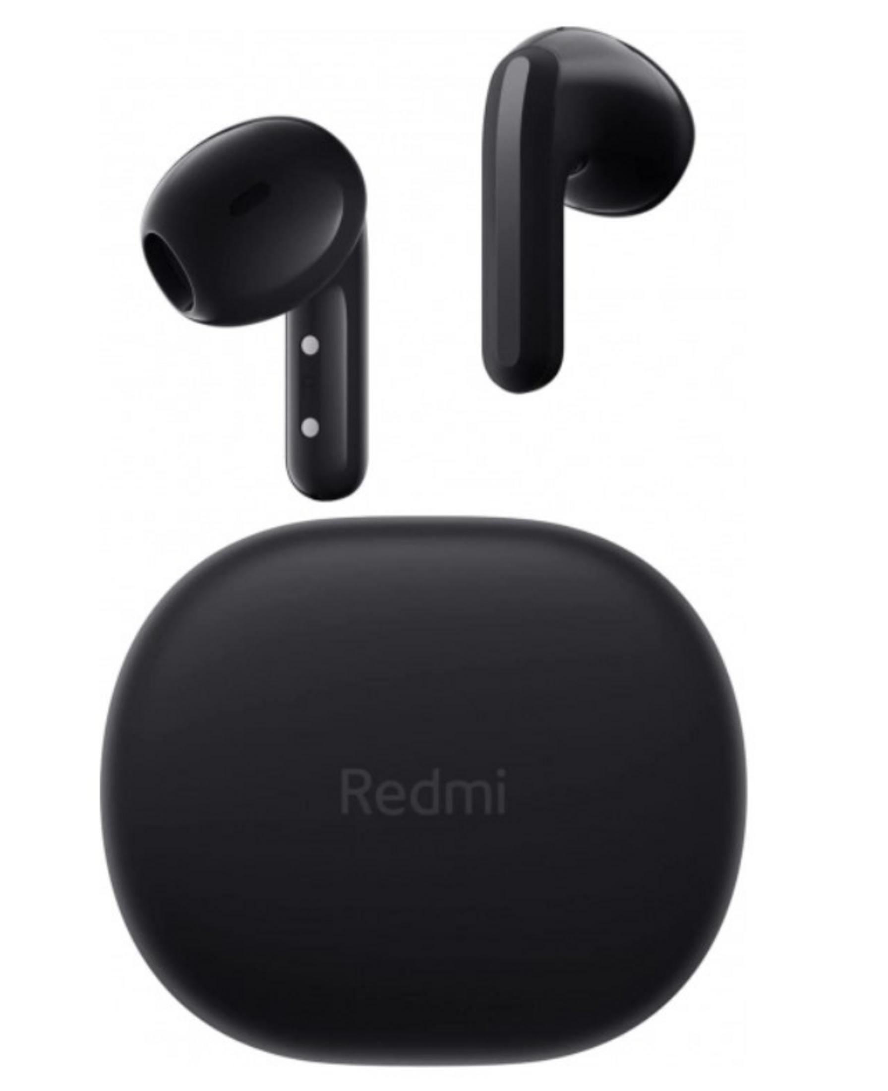 Auricolari wireless Redmi neri e custodia di ricarica.