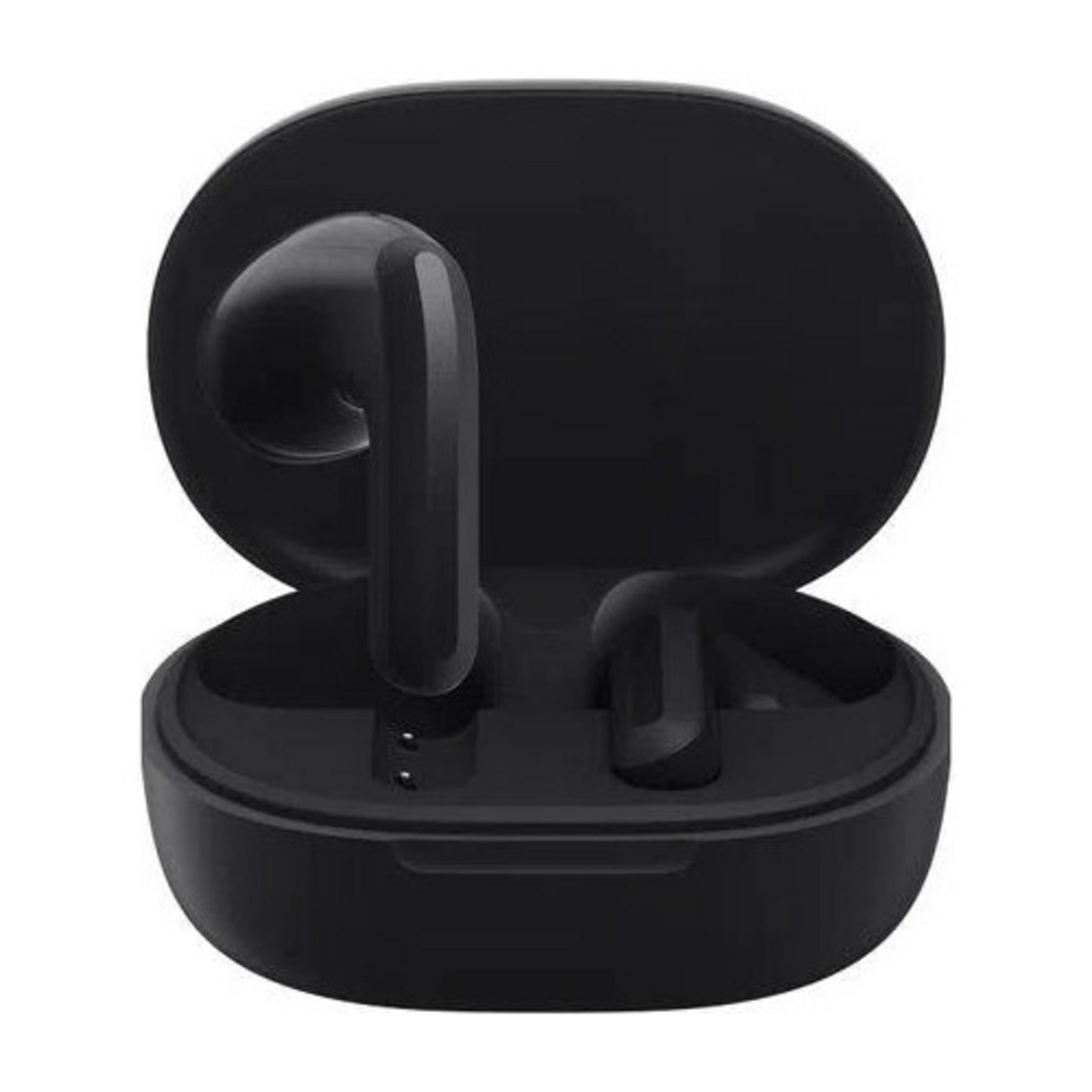 Auricolari wireless neri in una custodia di ricarica aperta.