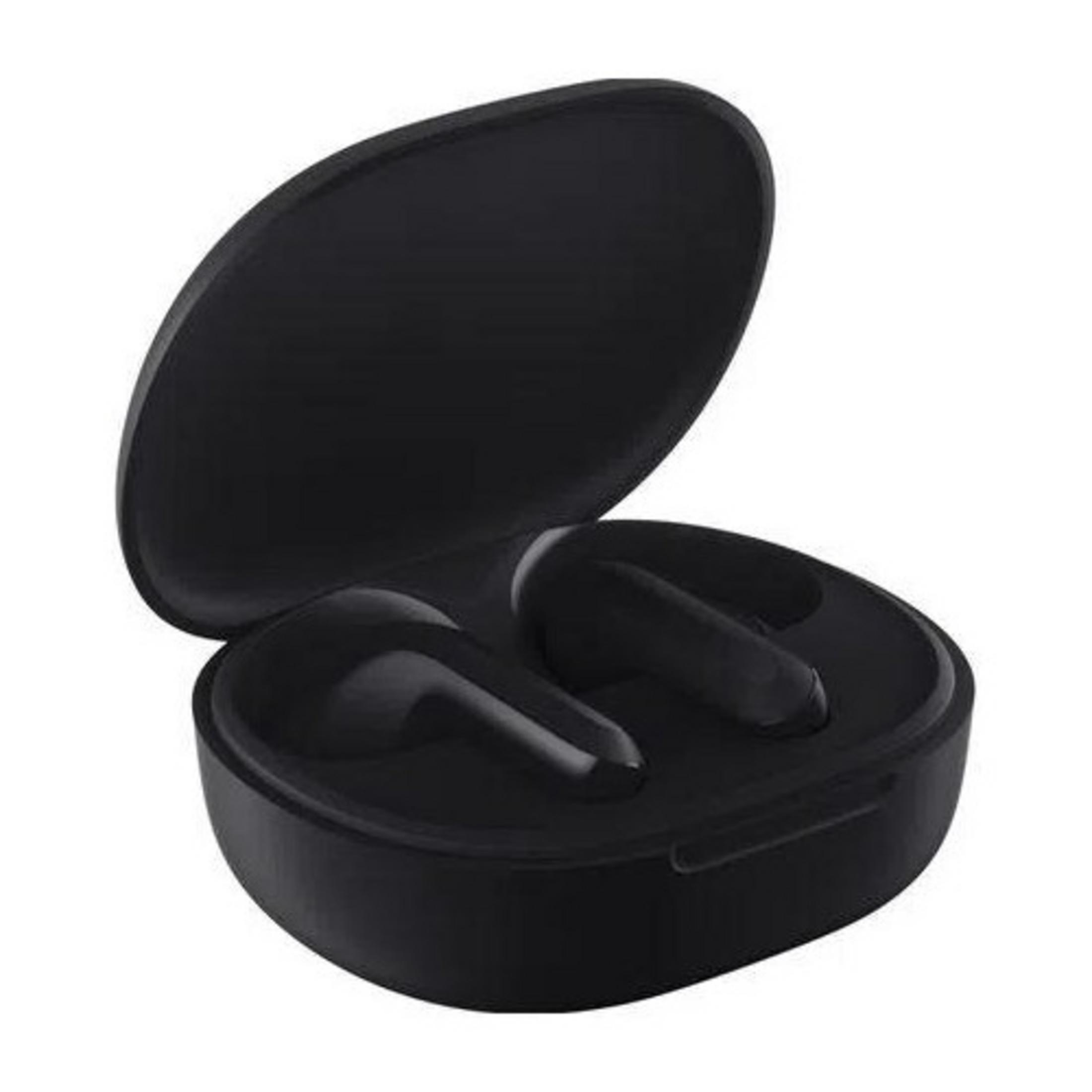 Auricolari wireless neri all'interno di una custodia di ricarica aperta.