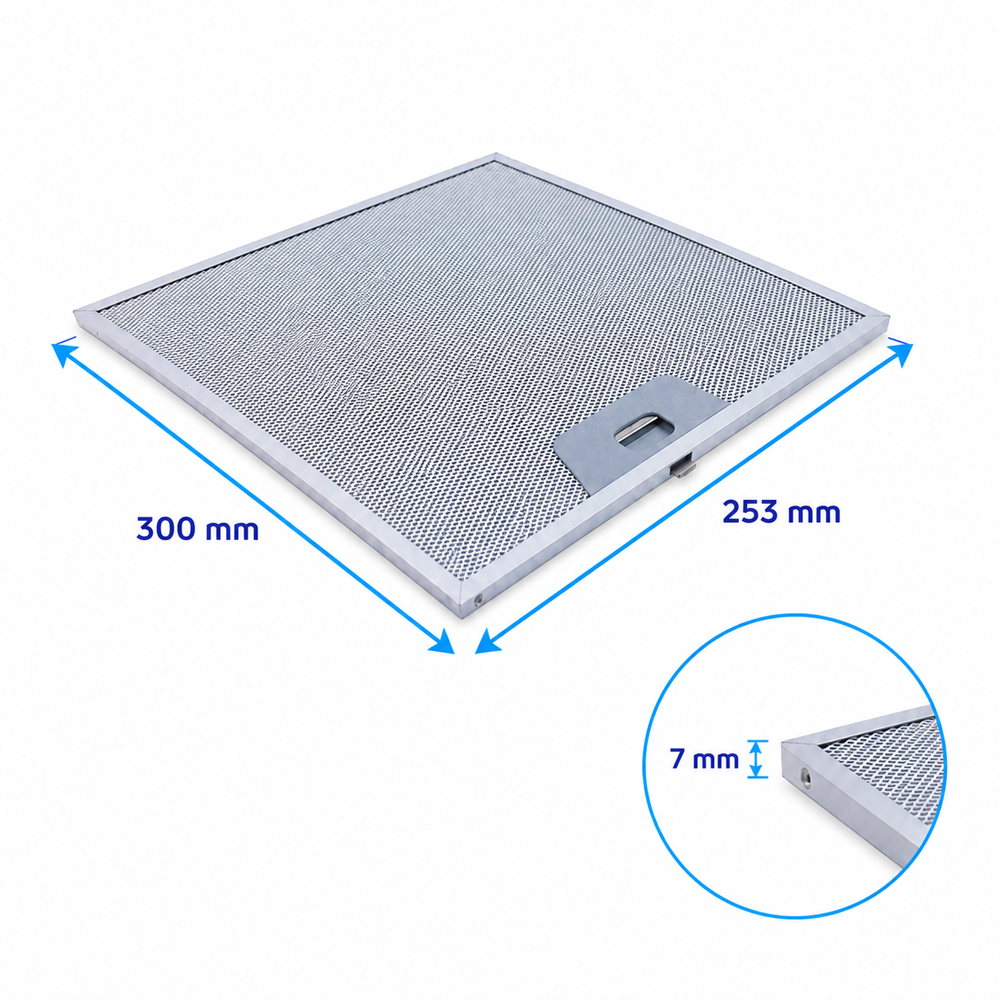 Un filtro a rete metallica rettangolare, di 300 mm per 253 mm, con uno spessore di 7 mm, su sfondo bianco.