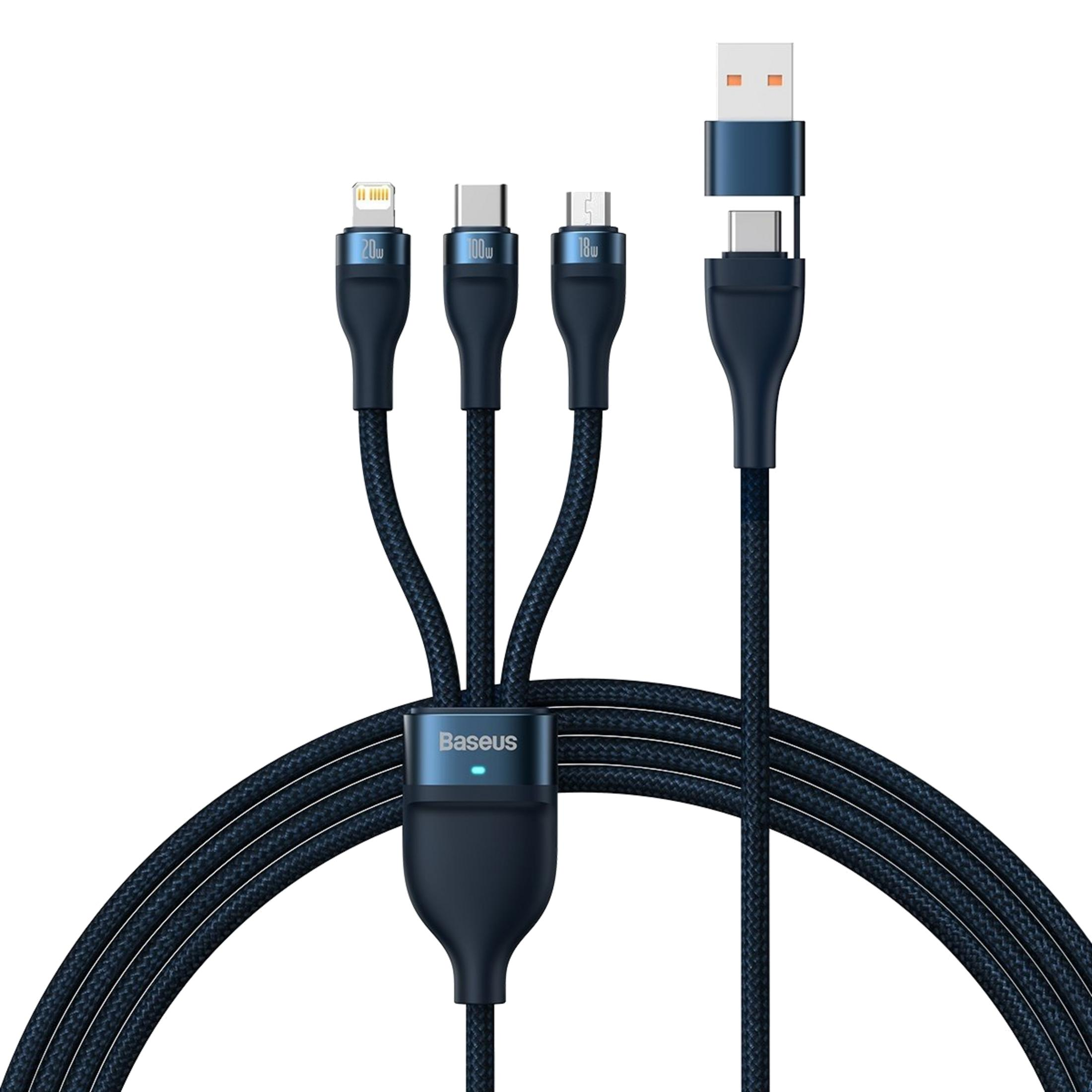 Ciemny kabel ładujący z trzema złączami: Lightning, USB-C i Micro-USB.