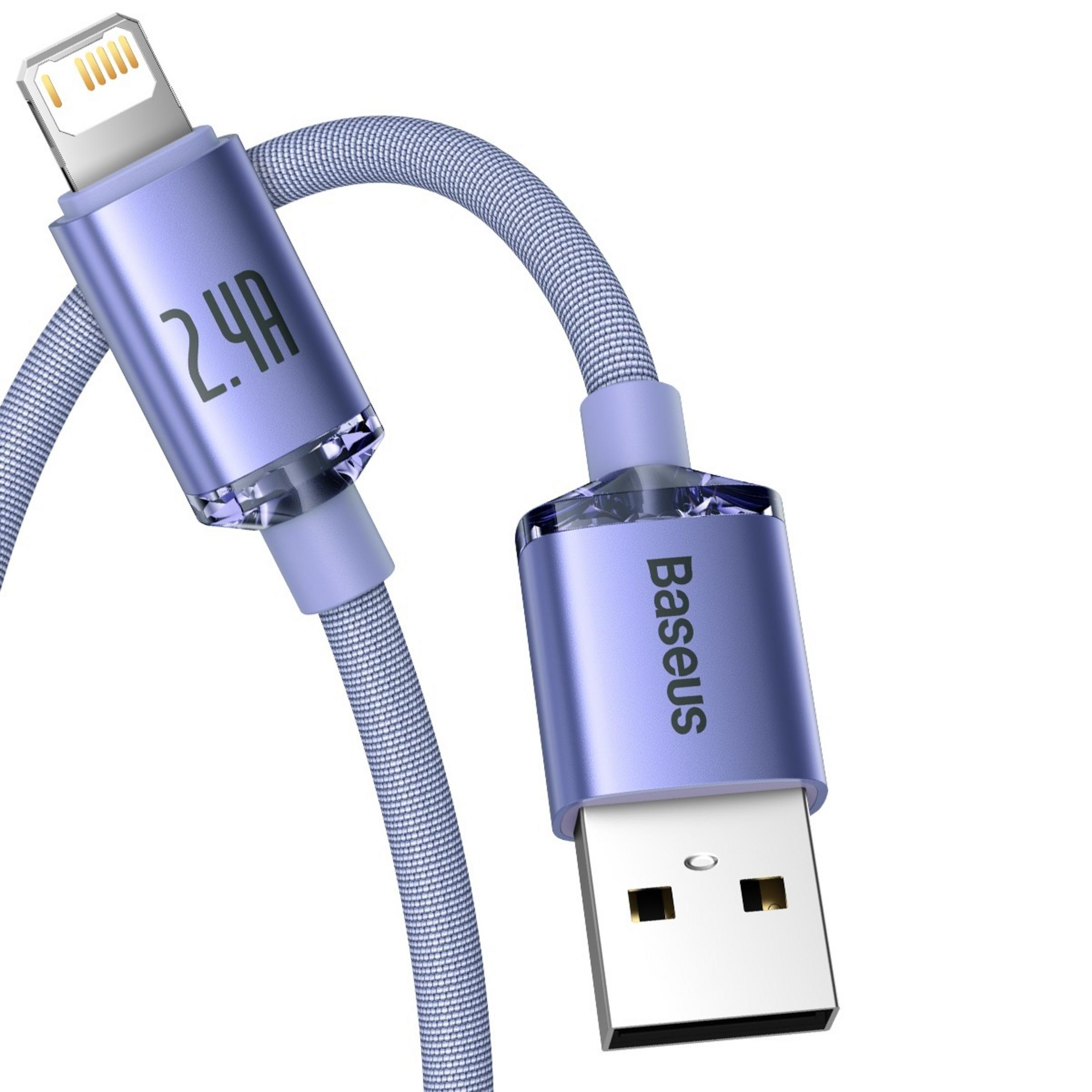 Un cavo USB-C viola con trama intrecciata, che mostra i connettori Lightning e USB-A.