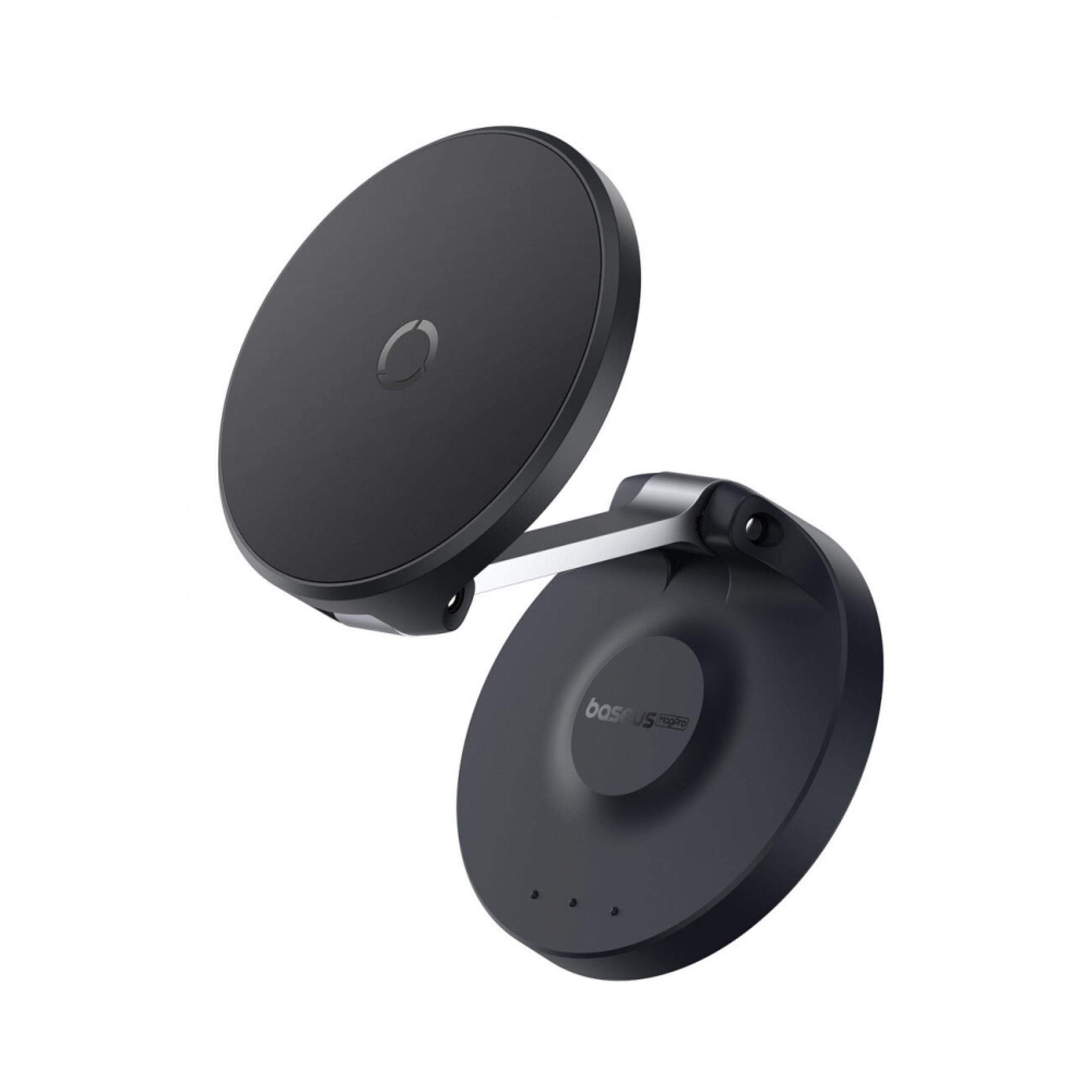 Supporto di ricarica wireless magnetico nero con giunto argentato su sfondo bianco.