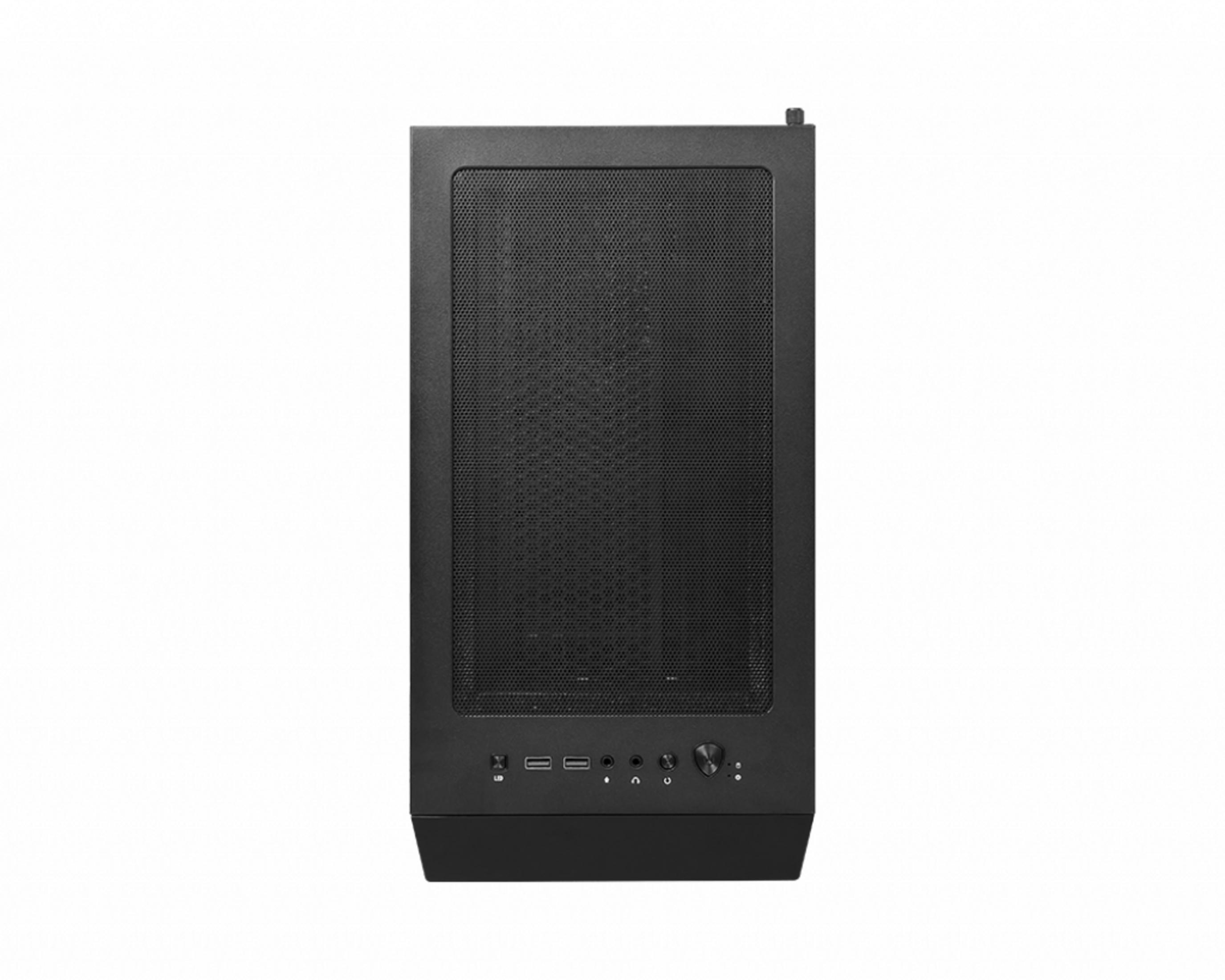Case per computer nero con griglia di ventilazione anteriore e porte.