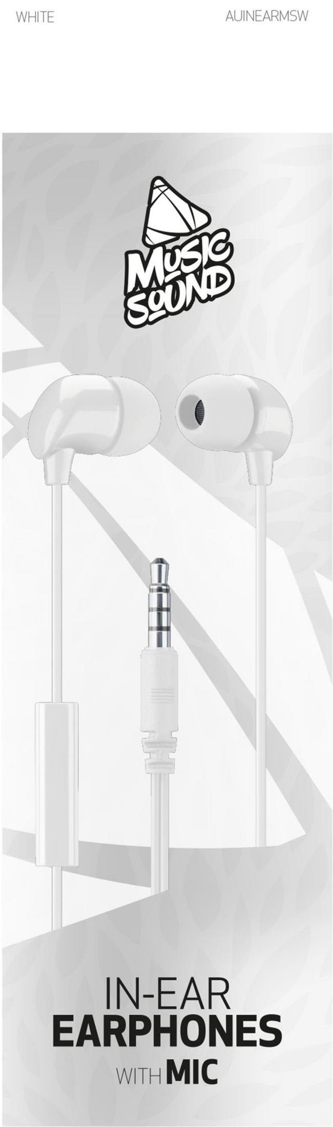 Auricolari in-ear bianchi con microfono e spina. Logo: Music Sound.