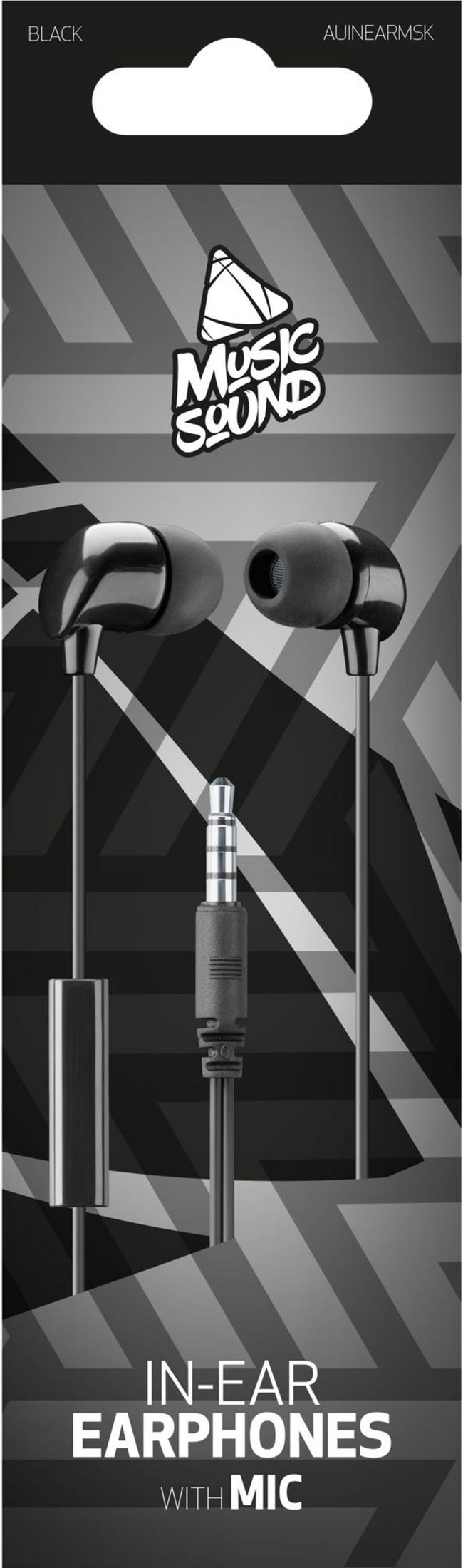 Auricolari in-ear neri con microfono e spina argentata.