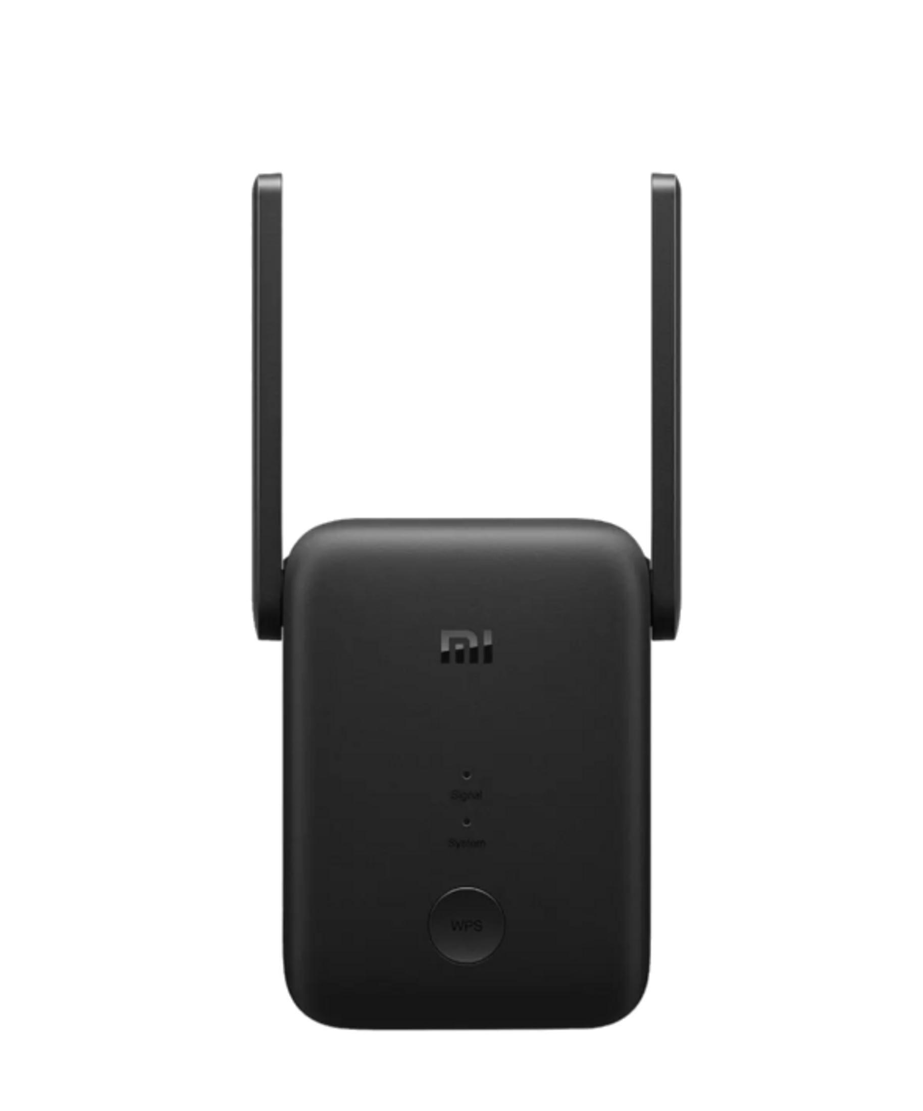 Repetidor Wi-Fi negro con dos antenas y botón WPS.