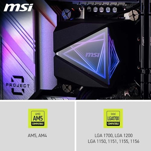 MSI Mainboard mit RGB-Beleuchtung, Kompatibilitätshinweise für AMD AM5/AM4 und Intel LGA1700.